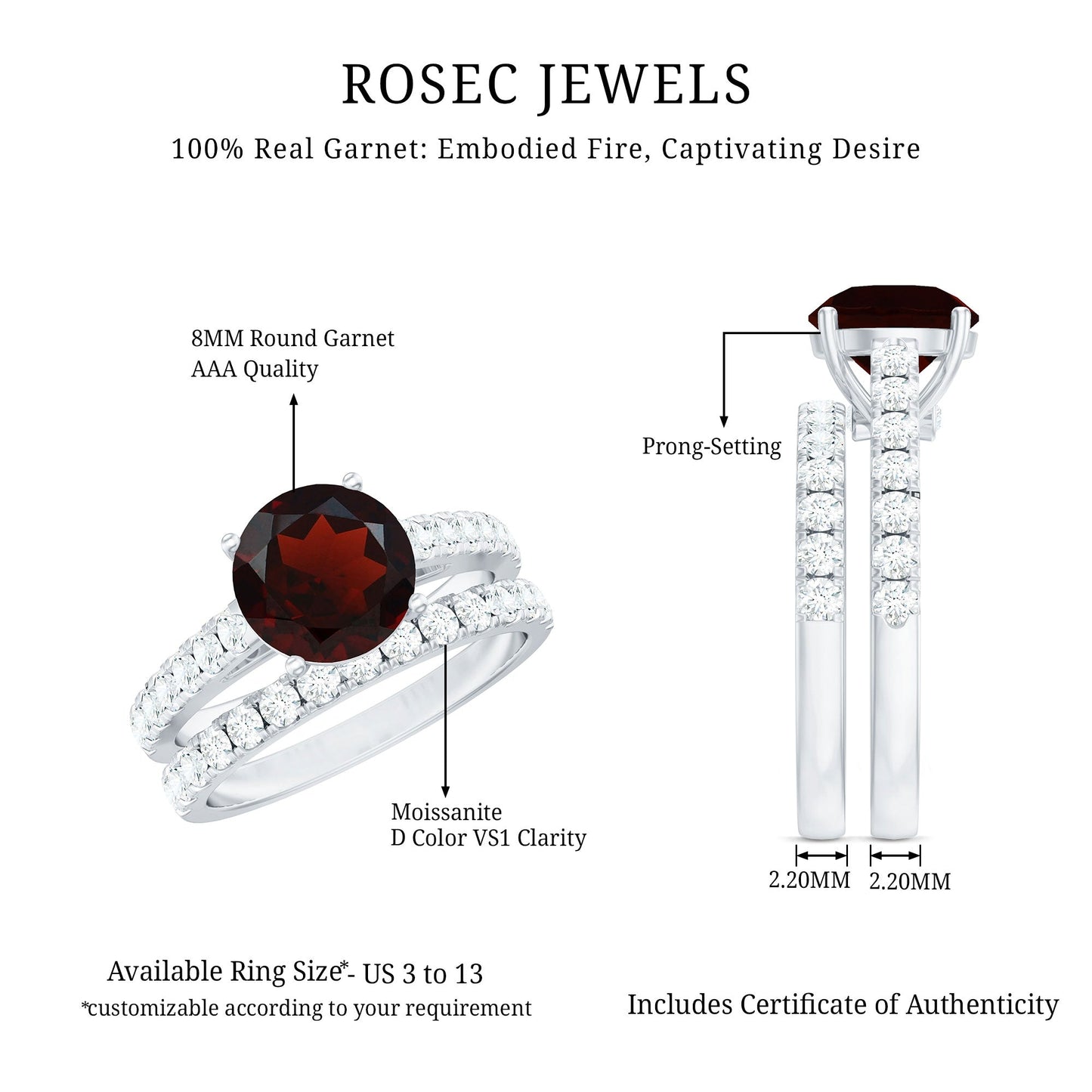 Certified Real 8mm Garnet Wedding Bridal Ring Set of 2