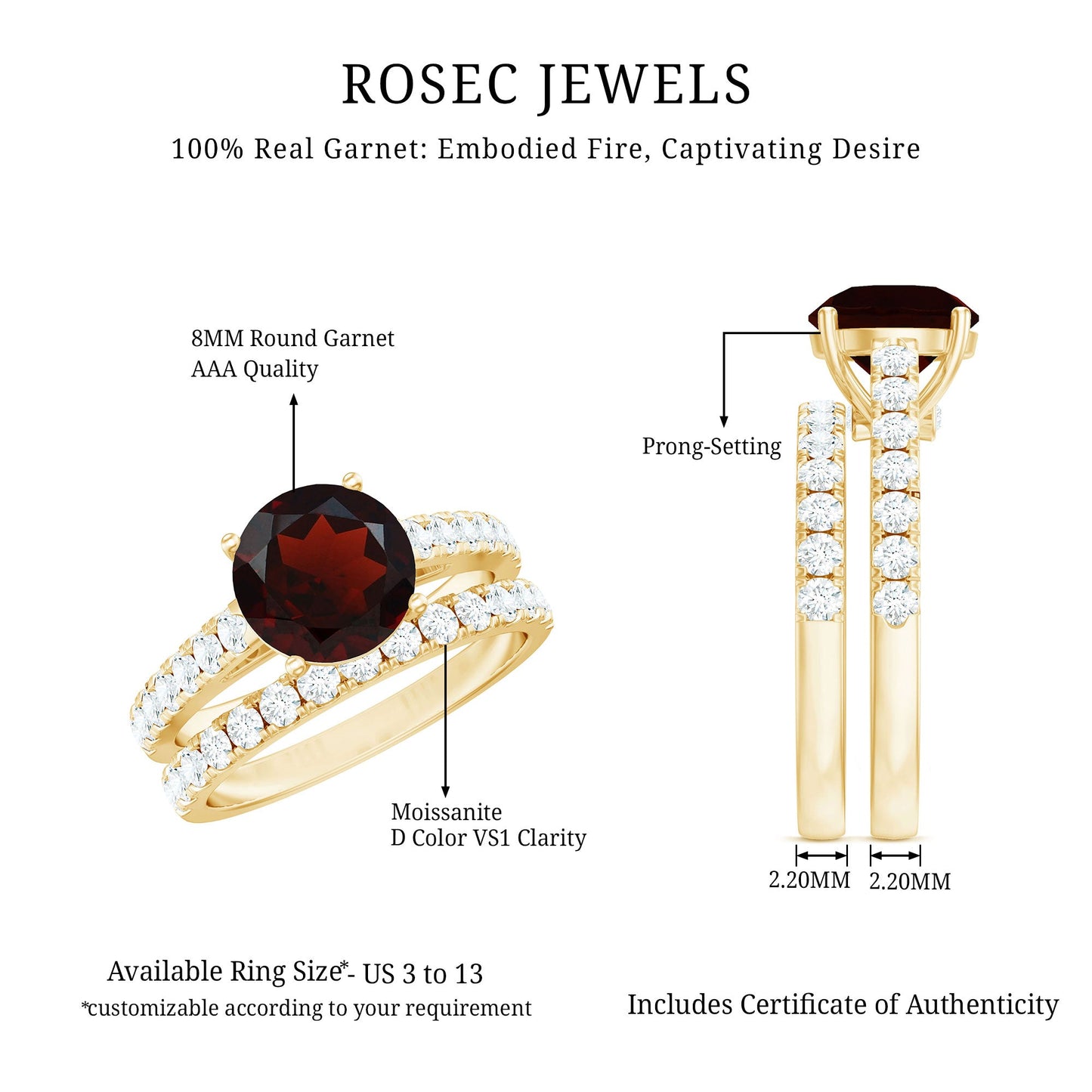 Certified Real 8mm Garnet Wedding Bridal Ring Set of 2