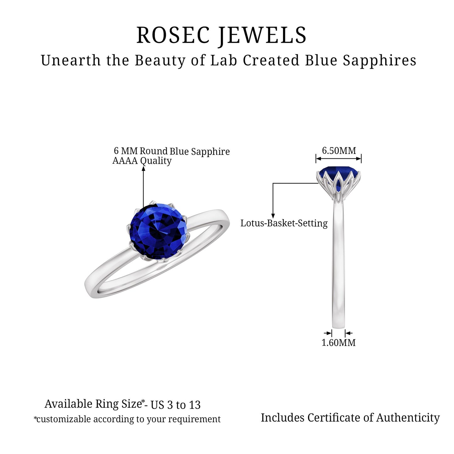Certified 1 Carat Lab Grown Blue Sapphire Solitaire Engagement Ring
