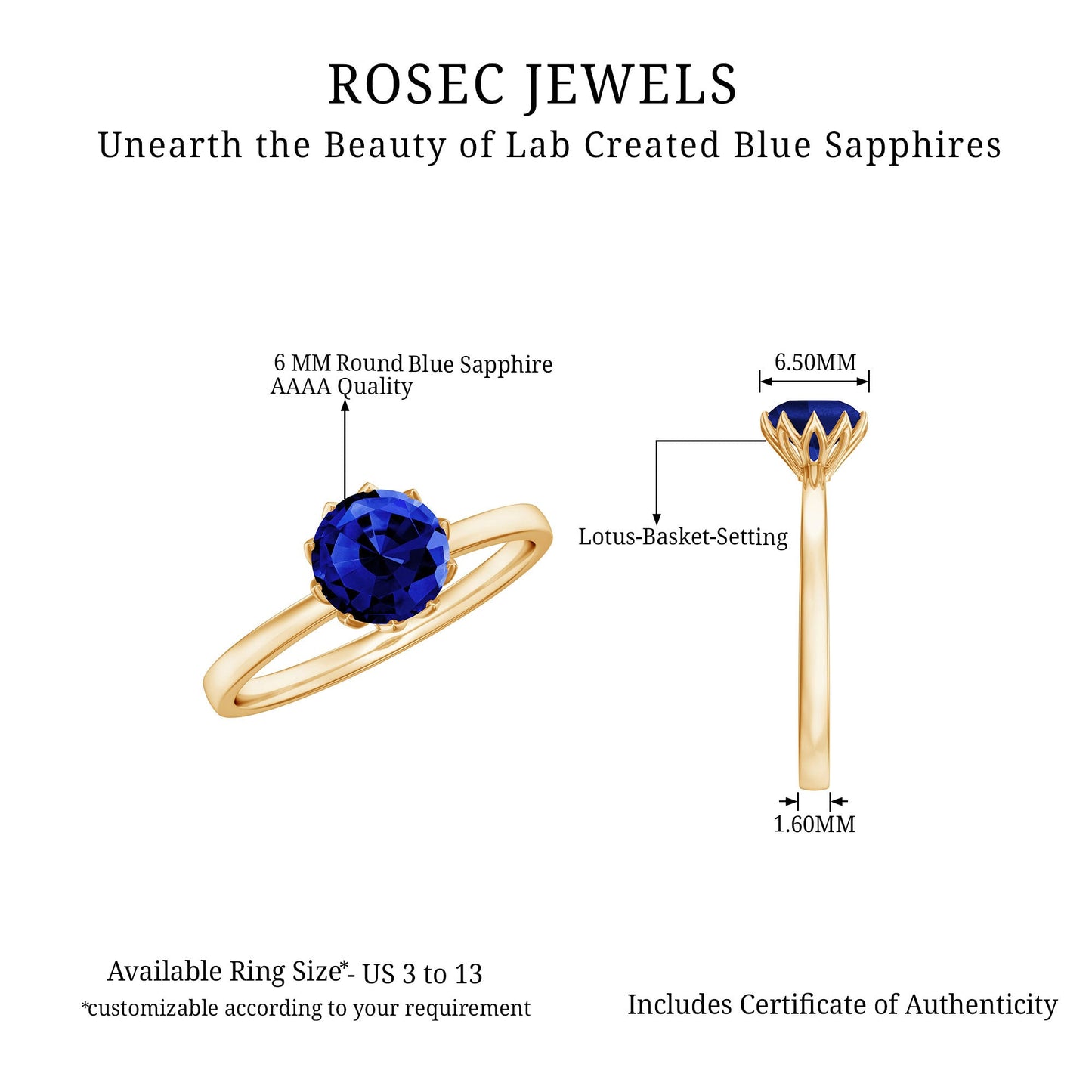 Certified 1 Carat Lab Grown Blue Sapphire Solitaire Engagement Ring