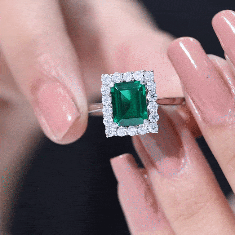 Lab Grown 7X9 mm Emerald Cut Emerald Vintage Engagement Ring with Diamond Halo