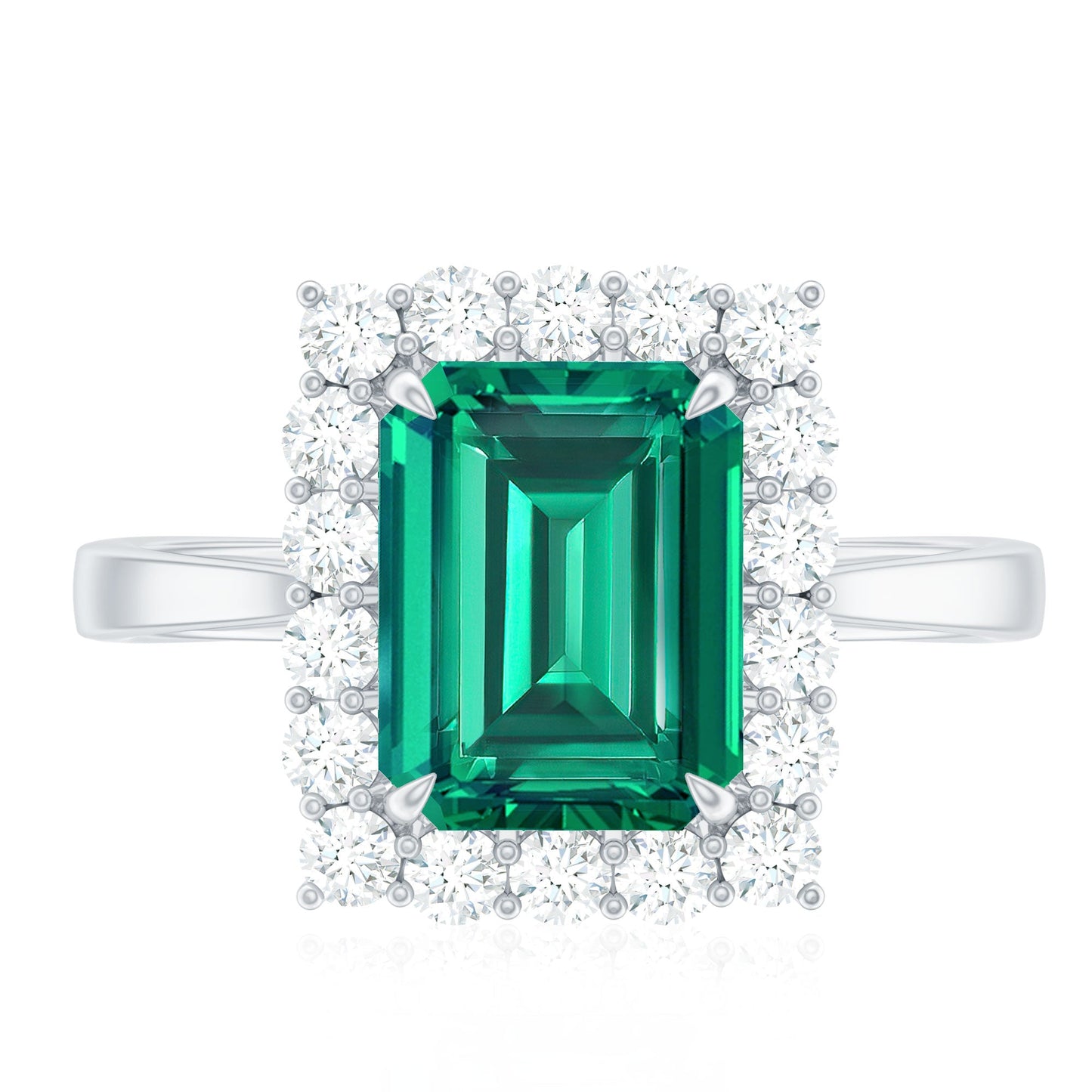 Lab Grown 7X9 mm Emerald Cut Emerald Vintage Engagement Ring with Diamond Halo