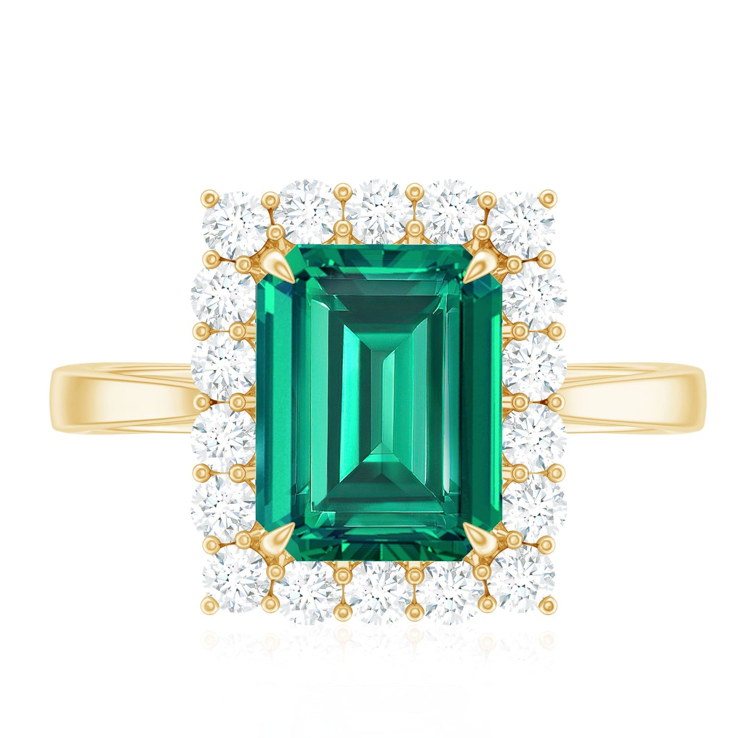 Lab Grown 7X9 mm Emerald Cut Emerald Vintage Engagement Ring with Diamond Halo