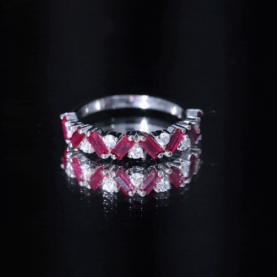 Baguette Shape Lab Grown Ruby Half Eternity Ring with Moissanite
