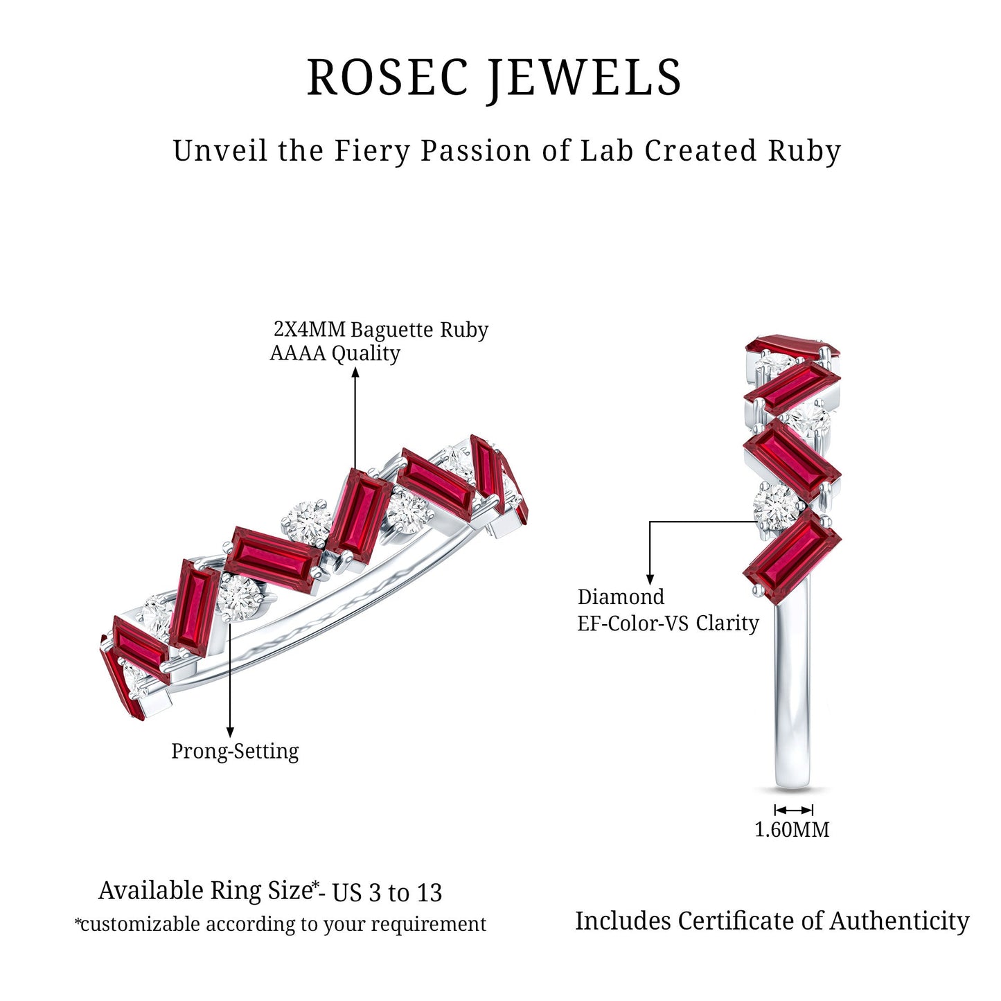 Baguette Shape Lab Grown Ruby Half Eternity Ring with Moissanite