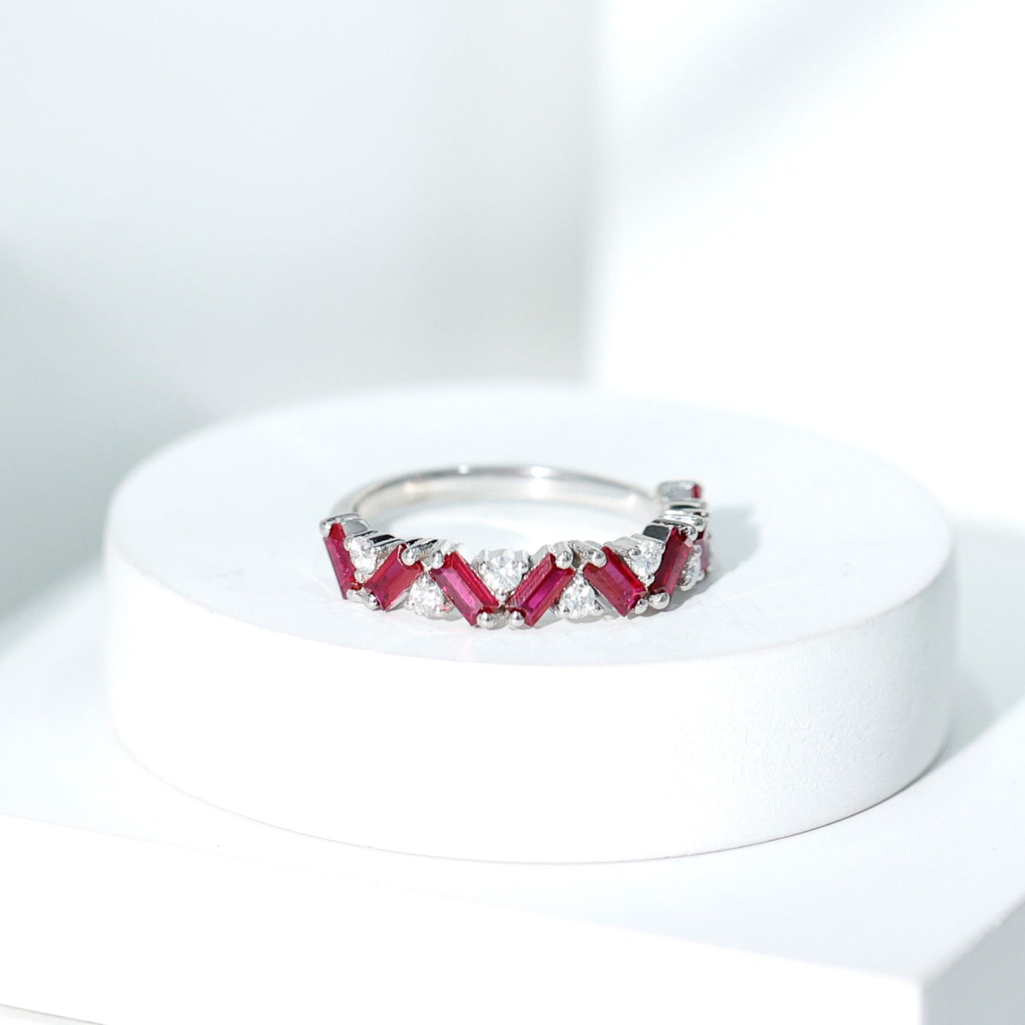 Baguette Shape Lab Grown Ruby Half Eternity Ring with Moissanite