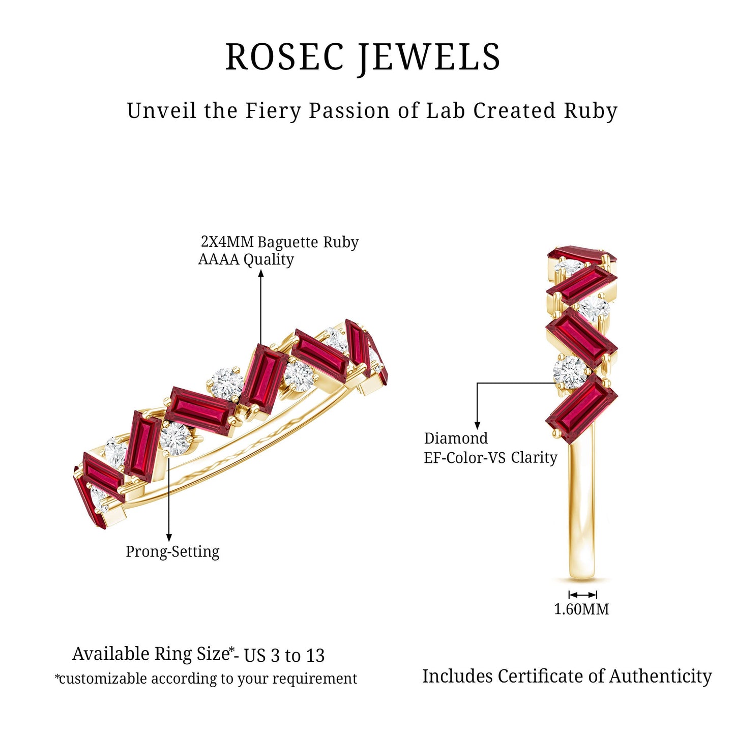 Baguette Shape Lab Grown Ruby Half Eternity Ring with Moissanite