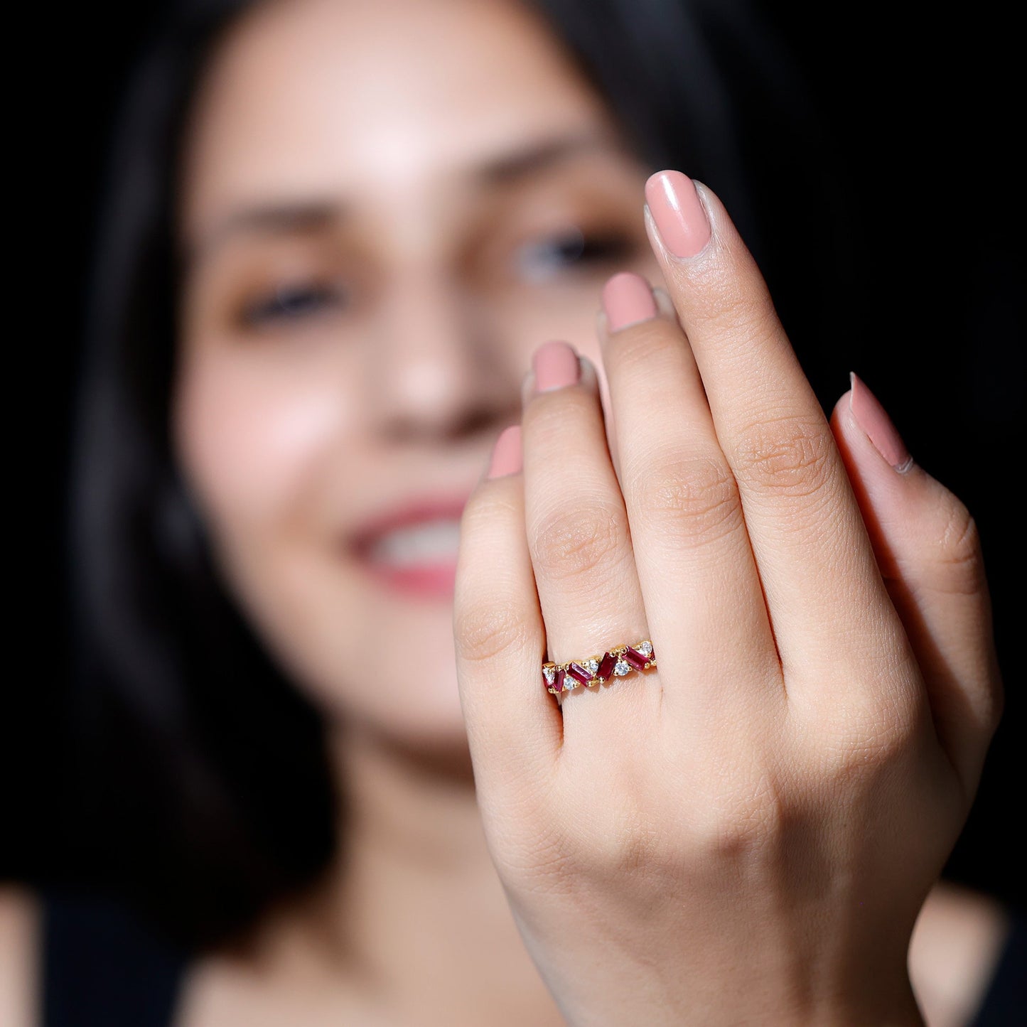 Baguette Shape Lab Grown Ruby Half Eternity Ring with Moissanite