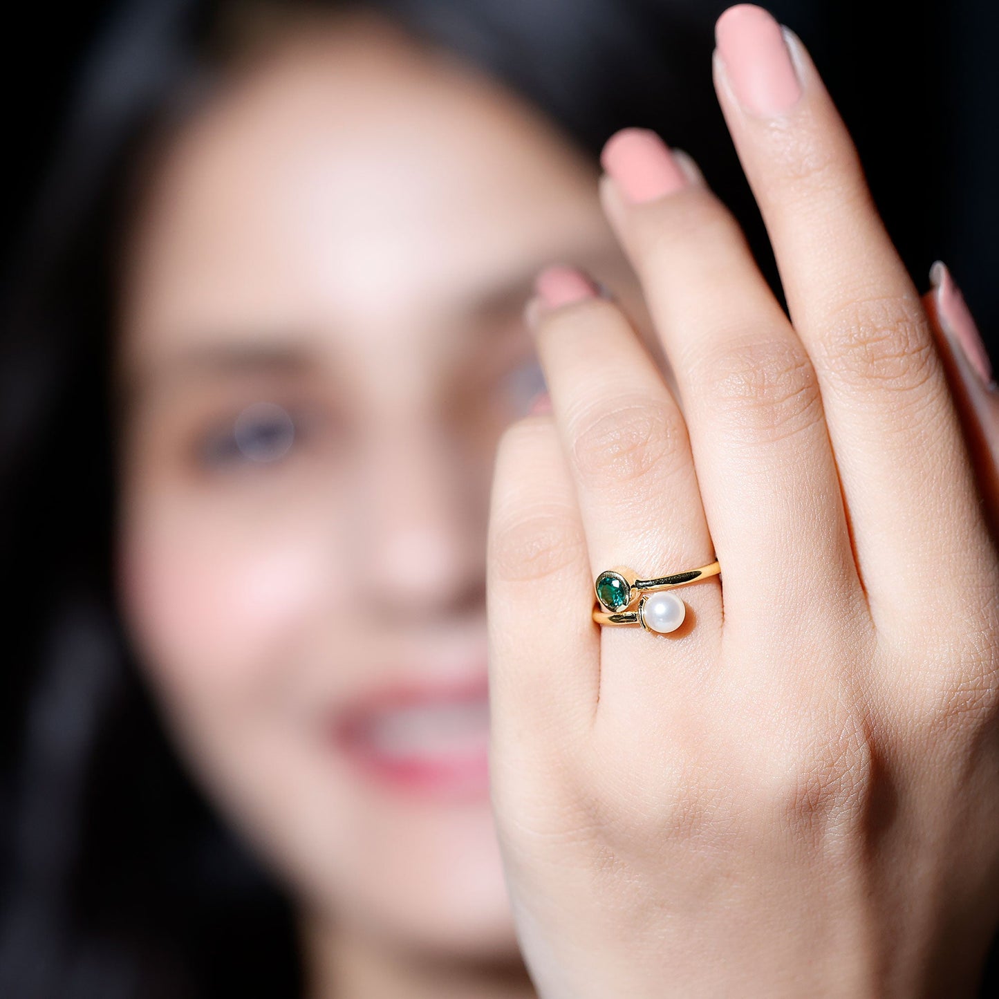 Freshwater Pearl Emerald Toi Et Moi Promise Ring