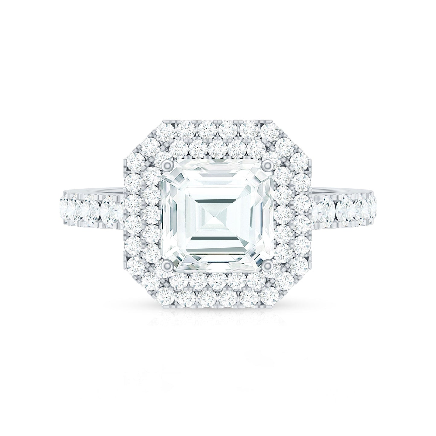 Certified Asscher Cut Moissanite Double Halo Engagement Ring