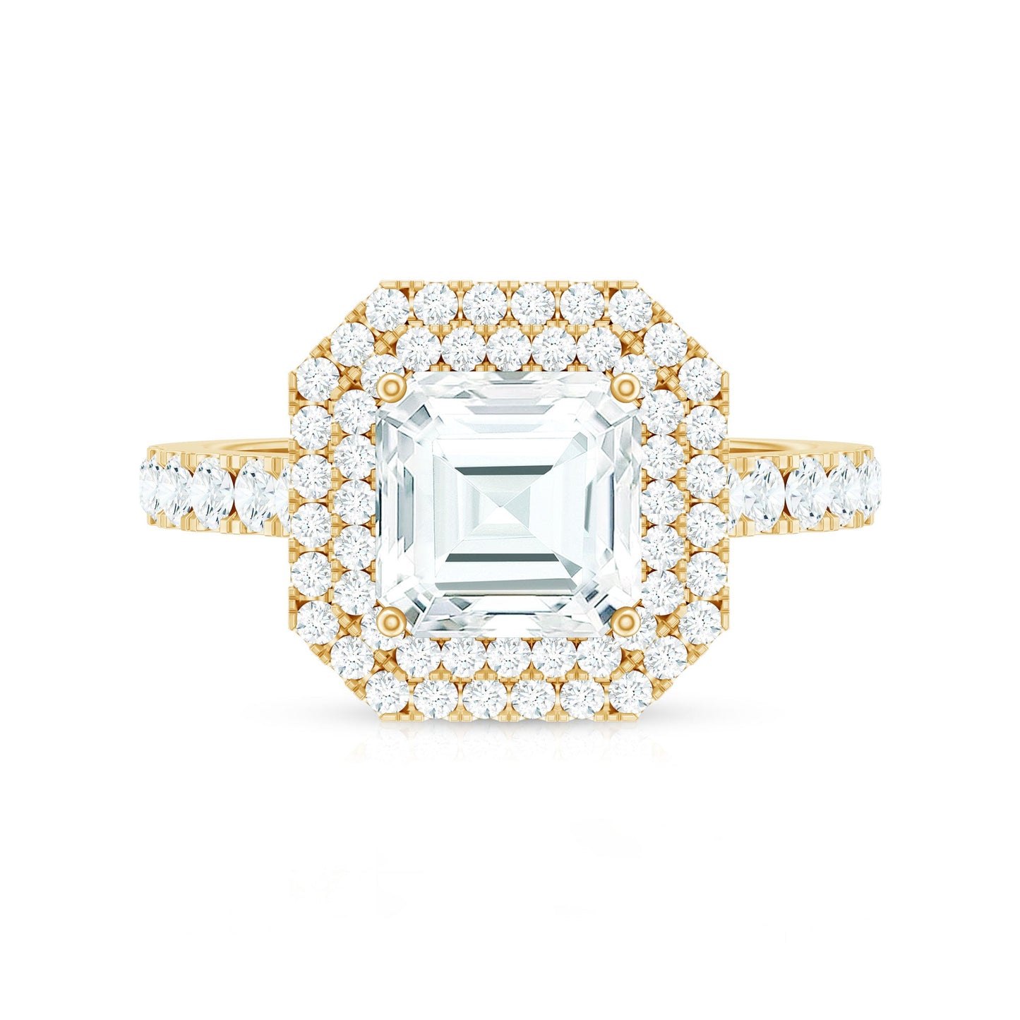Certified Asscher Cut Moissanite Double Halo Engagement Ring