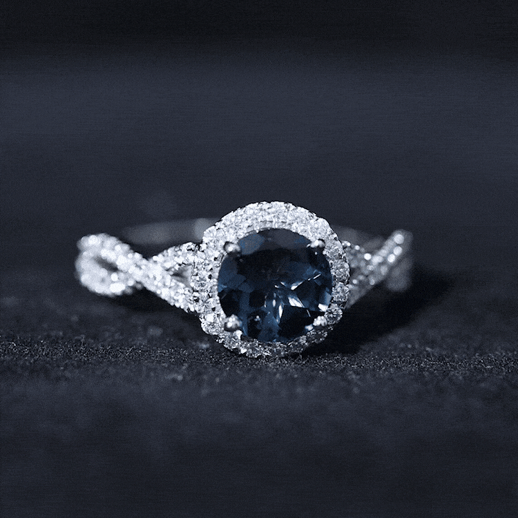 8mm Round London Blue Topaz Crossover Engagement Ring with Diamond Halo