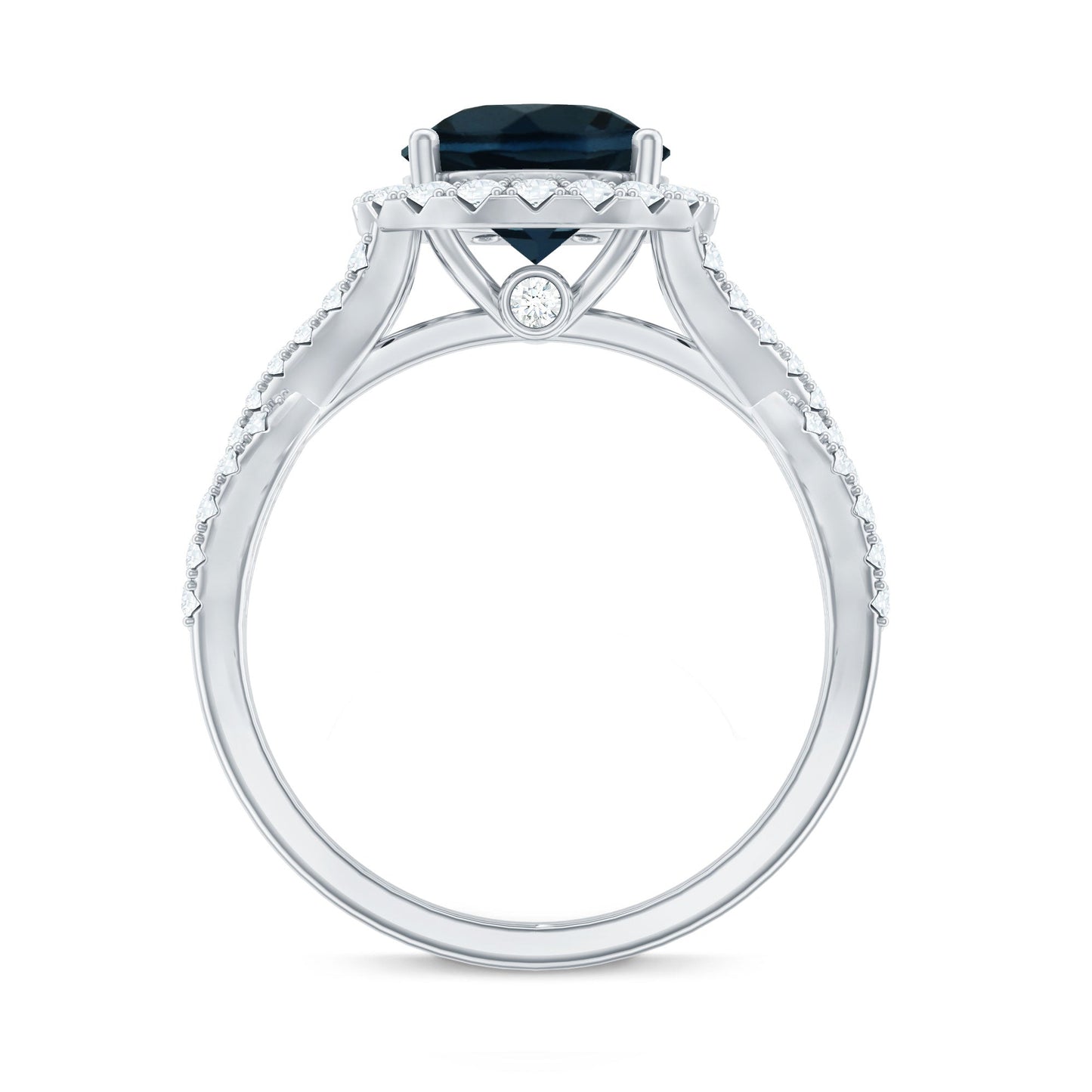 8mm Round London Blue Topaz Crossover Engagement Ring with Diamond Halo