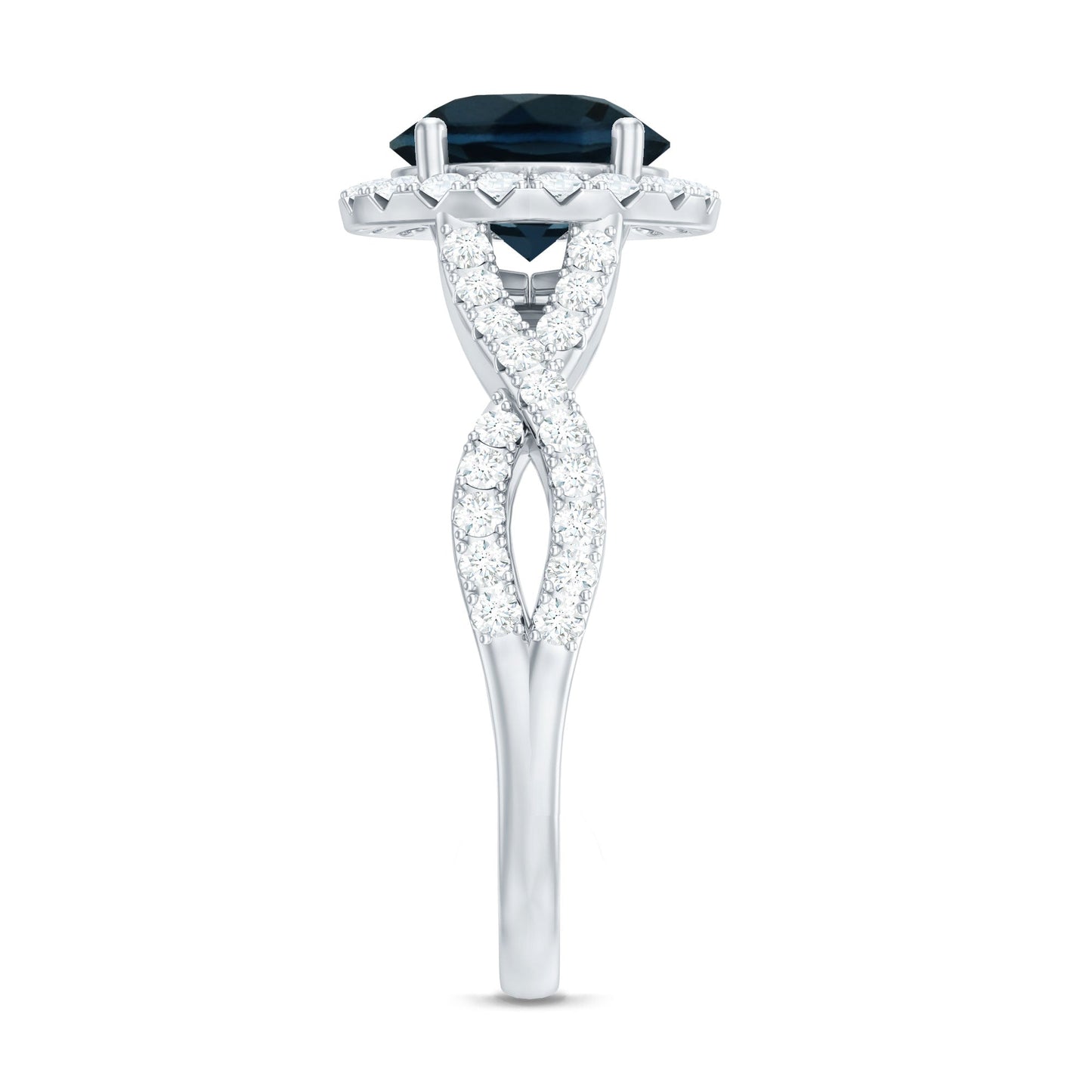 8mm Round London Blue Topaz Crossover Engagement Ring with Diamond Halo