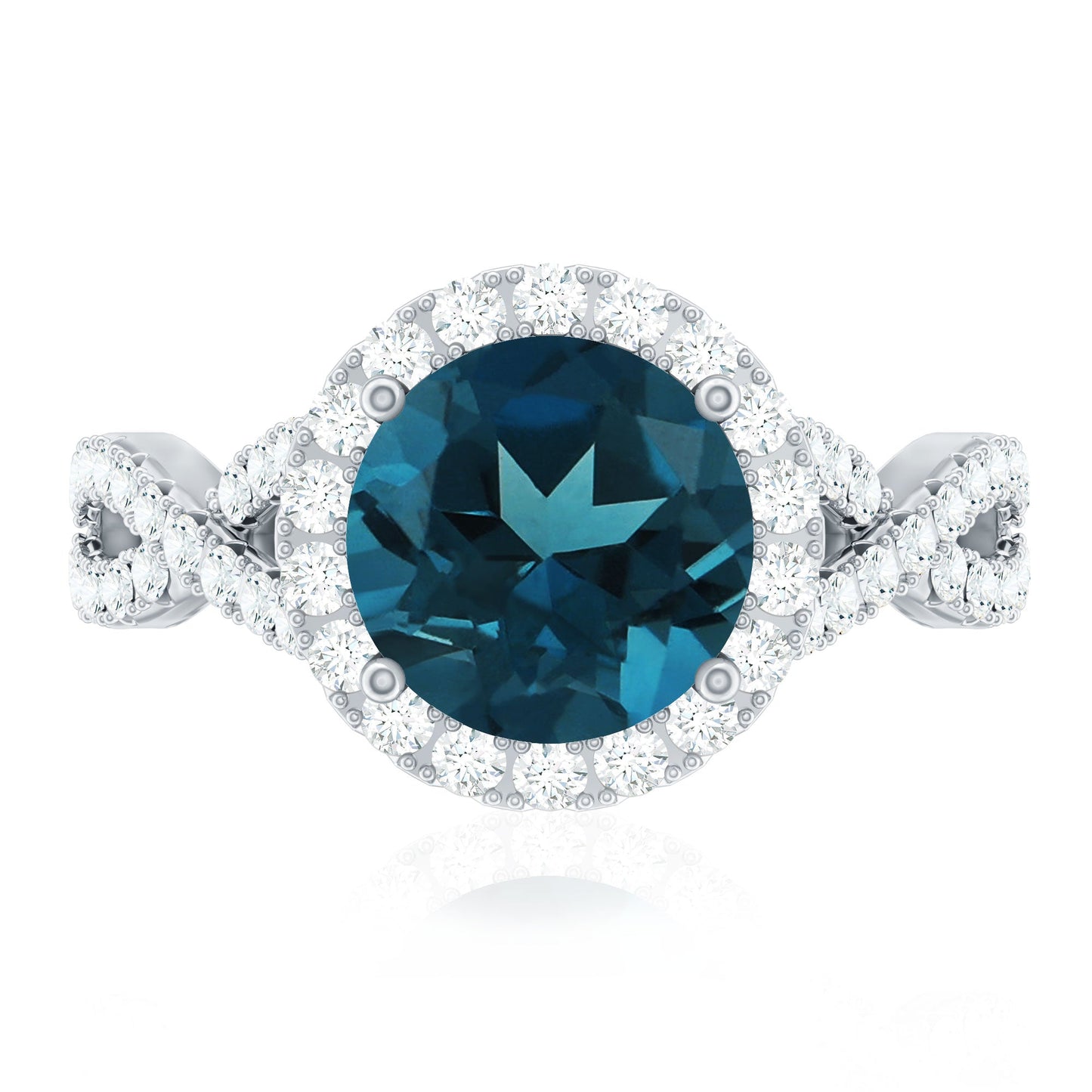 8mm Round London Blue Topaz Crossover Engagement Ring with Diamond Halo