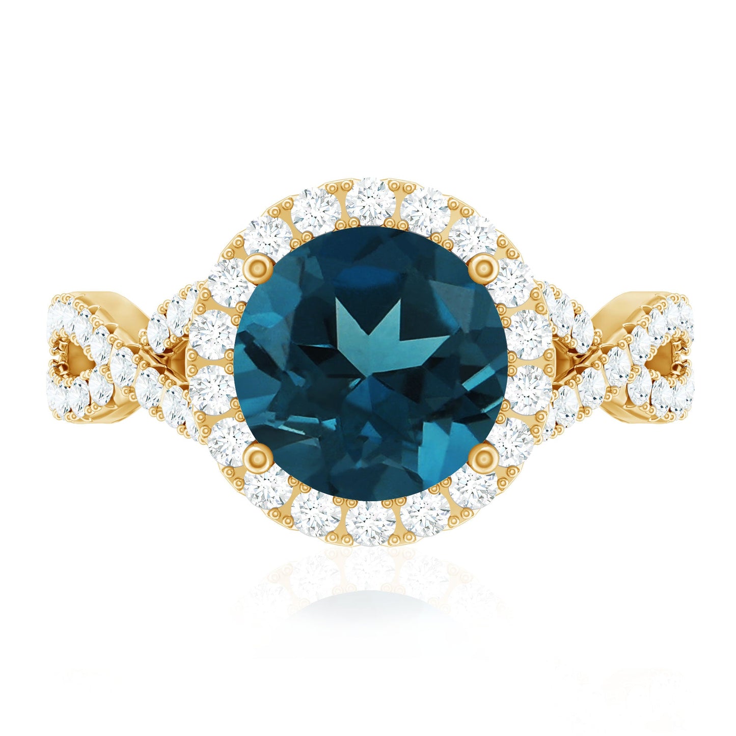 8mm Round London Blue Topaz Crossover Engagement Ring with Diamond Halo