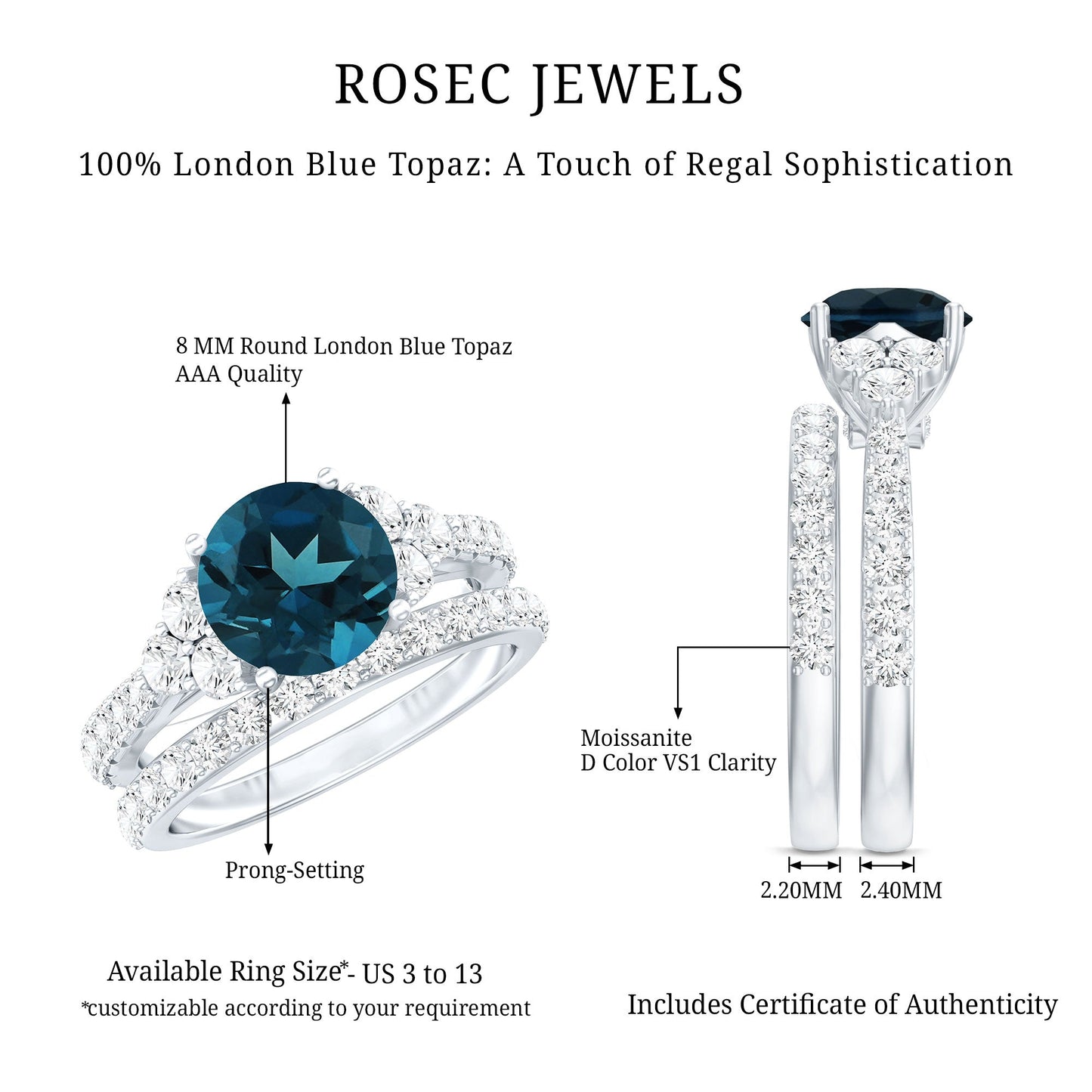 8 mm London Blue Topaz Wedding Ring Set with Moissanite Band