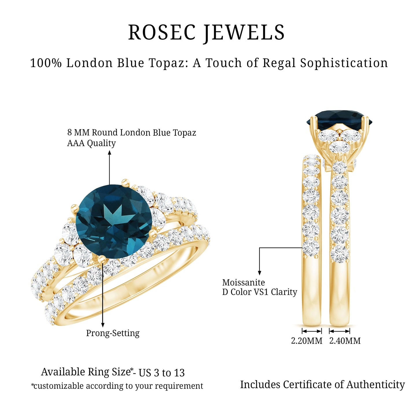 8 mm London Blue Topaz Wedding Ring Set with Moissanite Band