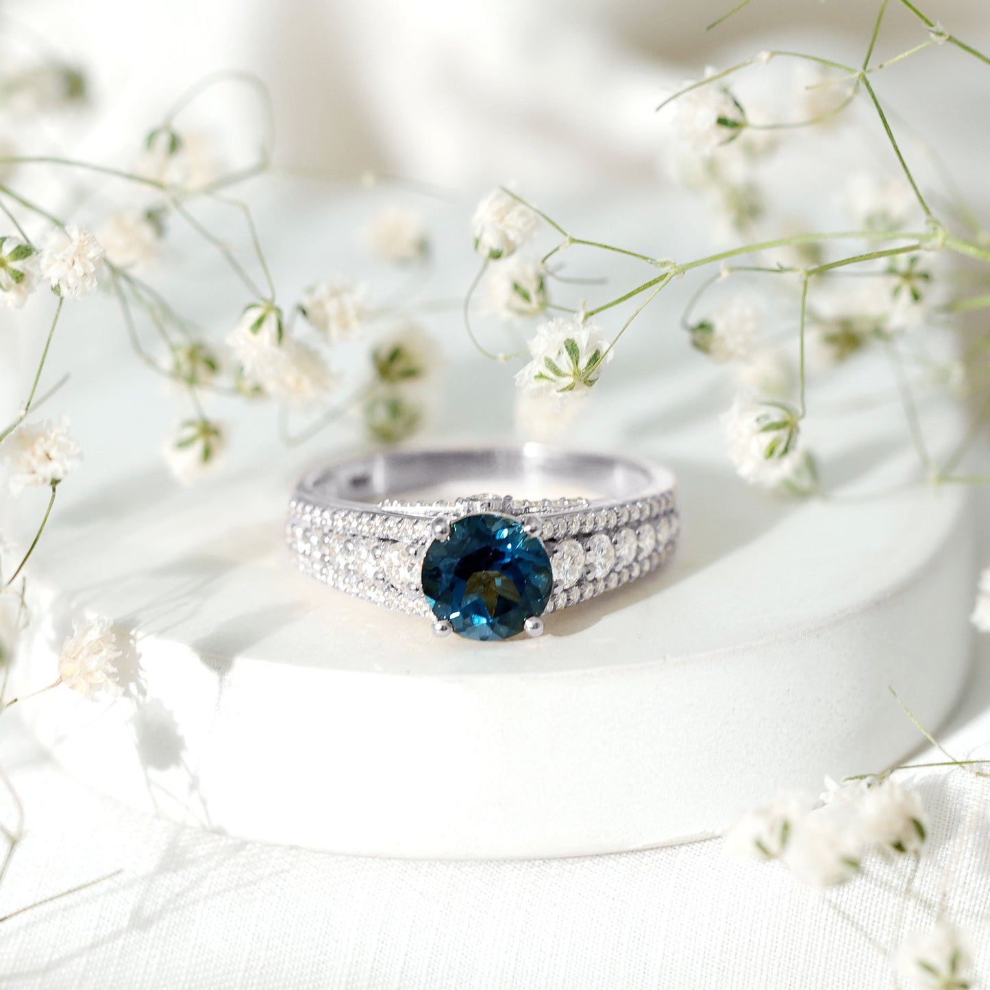 8 mm London Blue Topaz Statement Engagement Ring with Side Stones