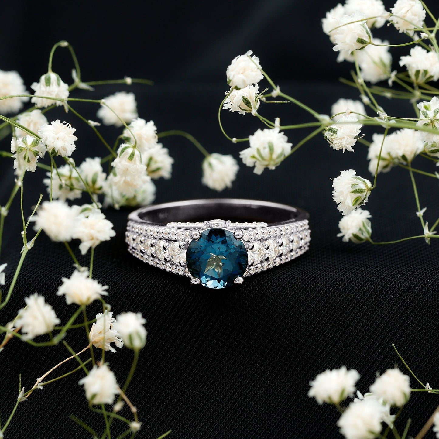 8 mm London Blue Topaz Statement Engagement Ring with Side Stones