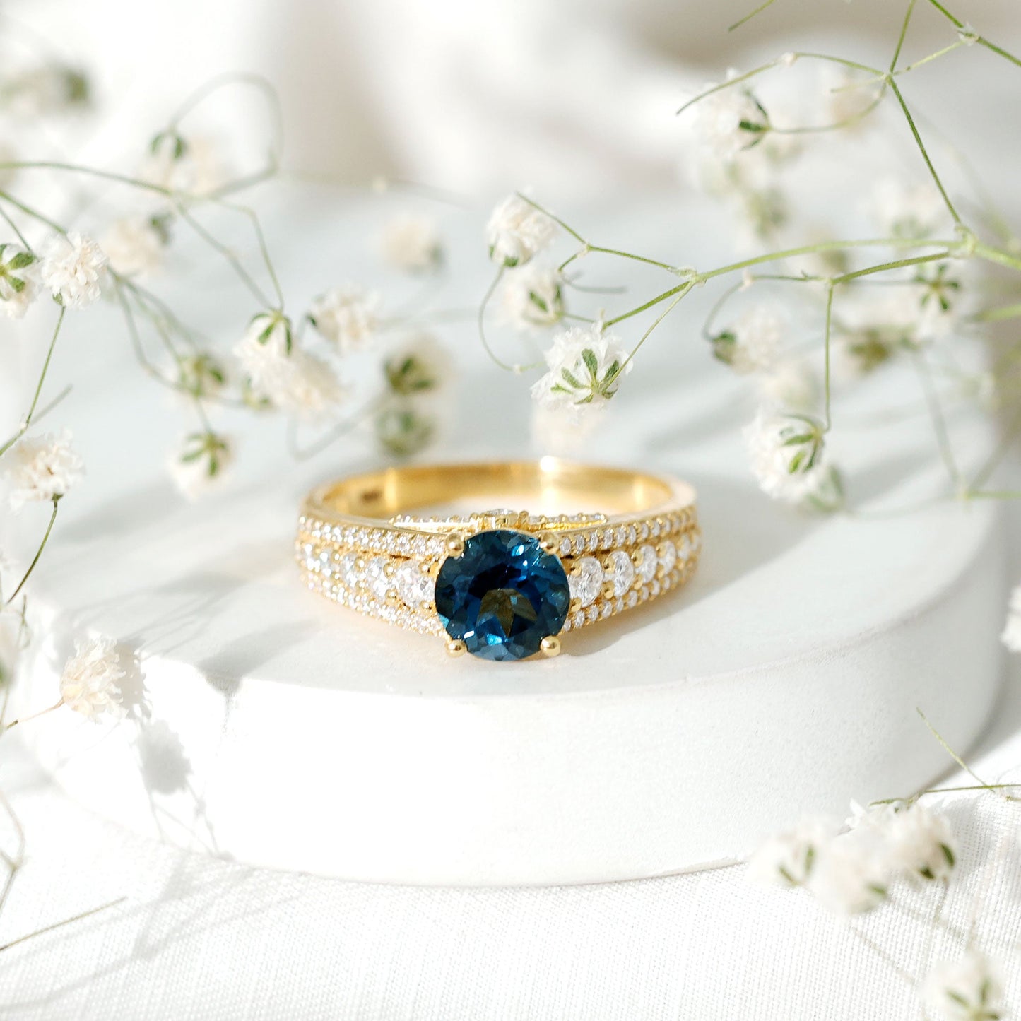 8 mm London Blue Topaz Statement Engagement Ring with Side Stones