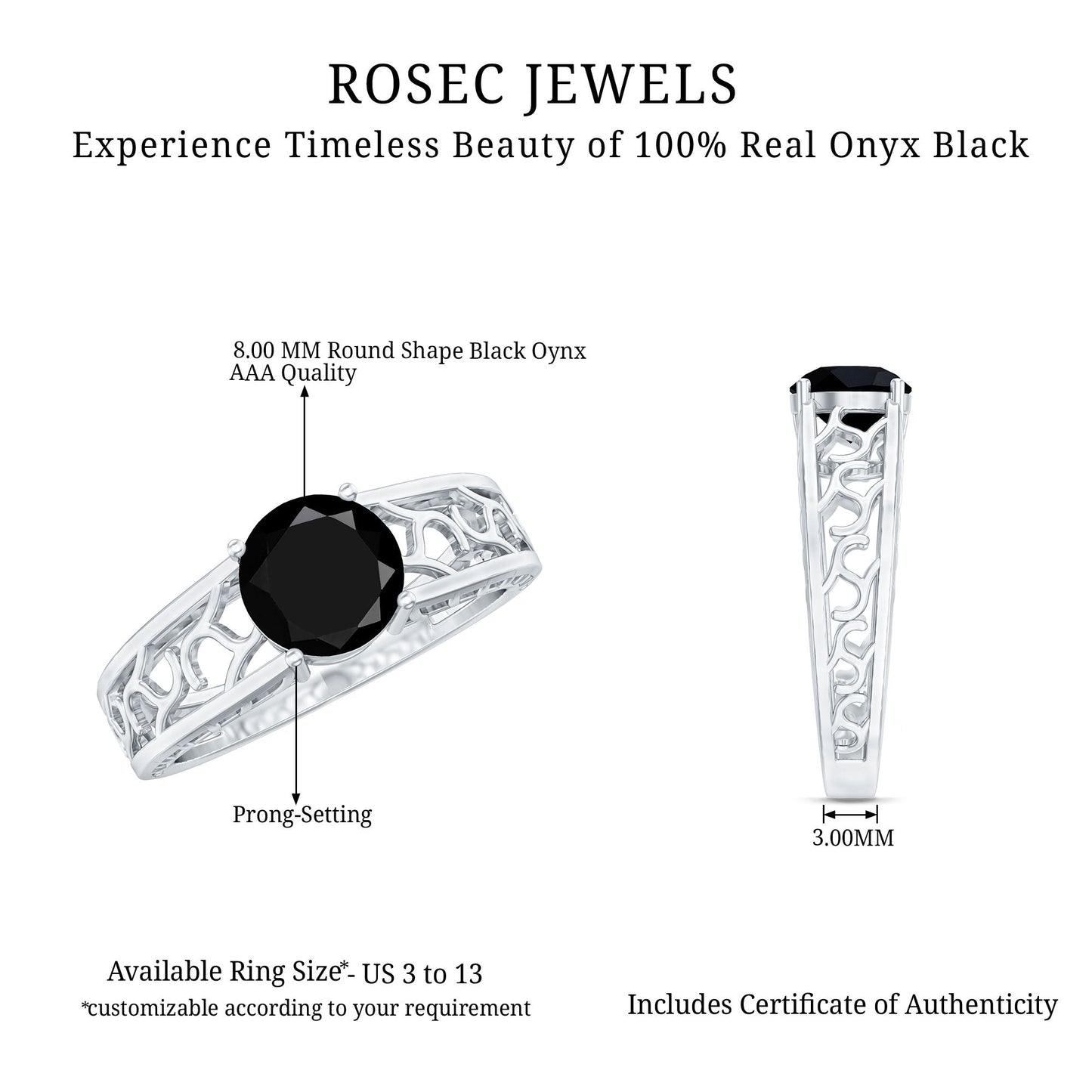 Black Onyx Solitaire Band Ring with Cut Work