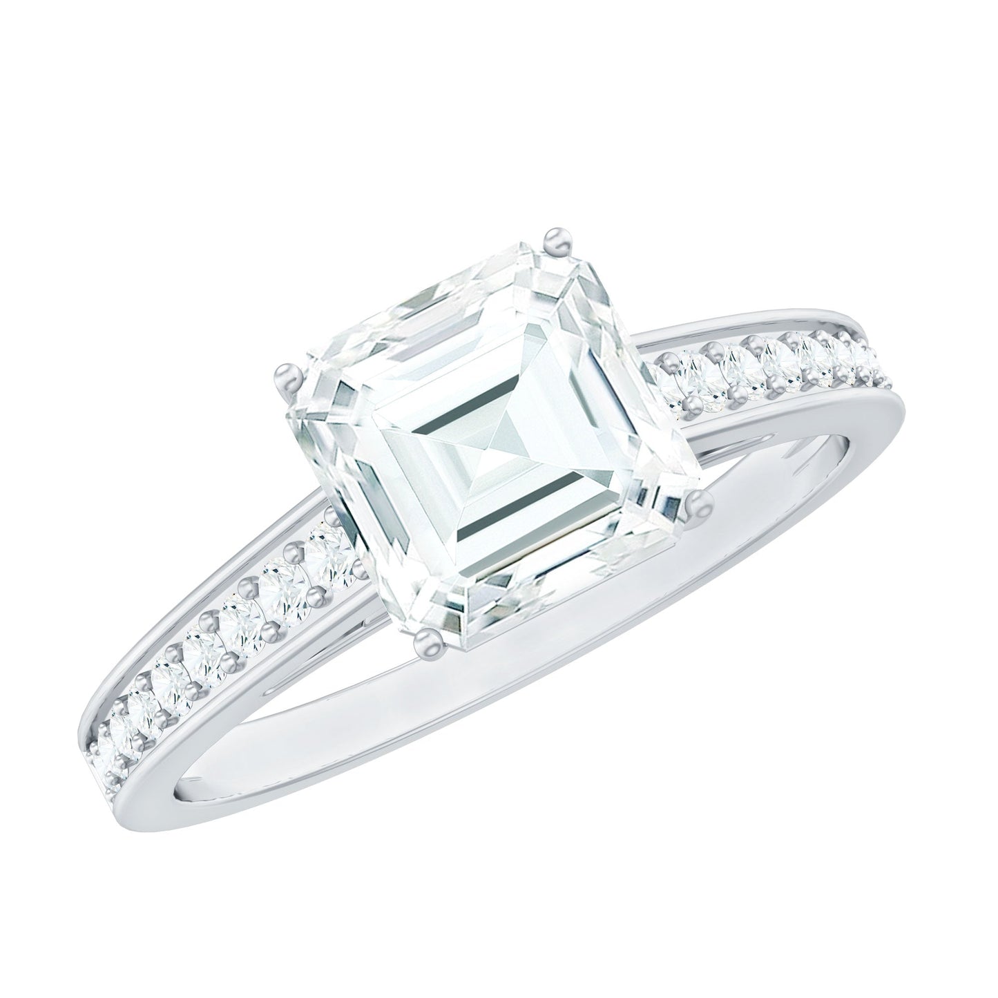 Asscher Cut 8 MM Moissanite Solitaire Engagement Ring with Side Stones