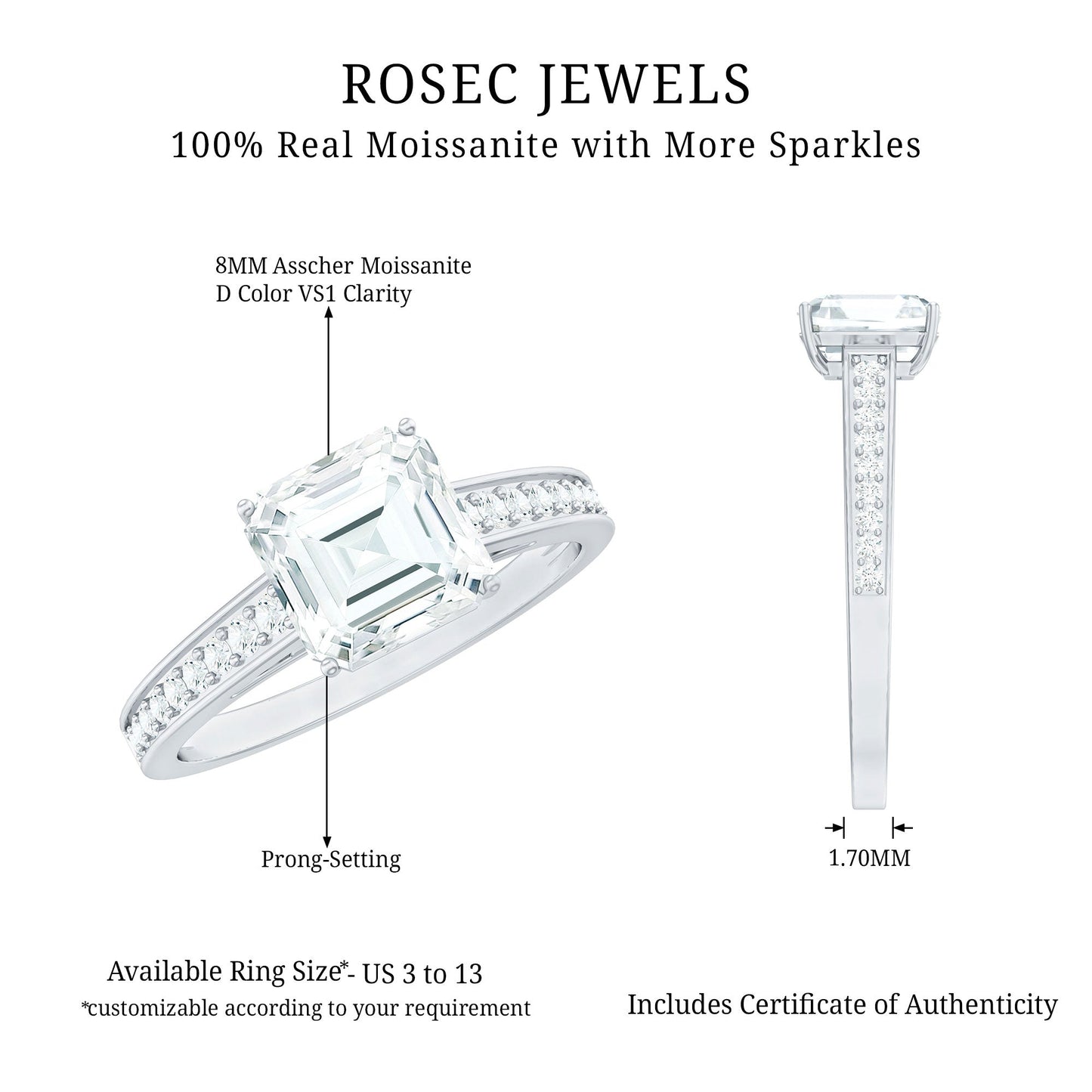 Asscher Cut 8 MM Moissanite Solitaire Engagement Ring with Side Stones