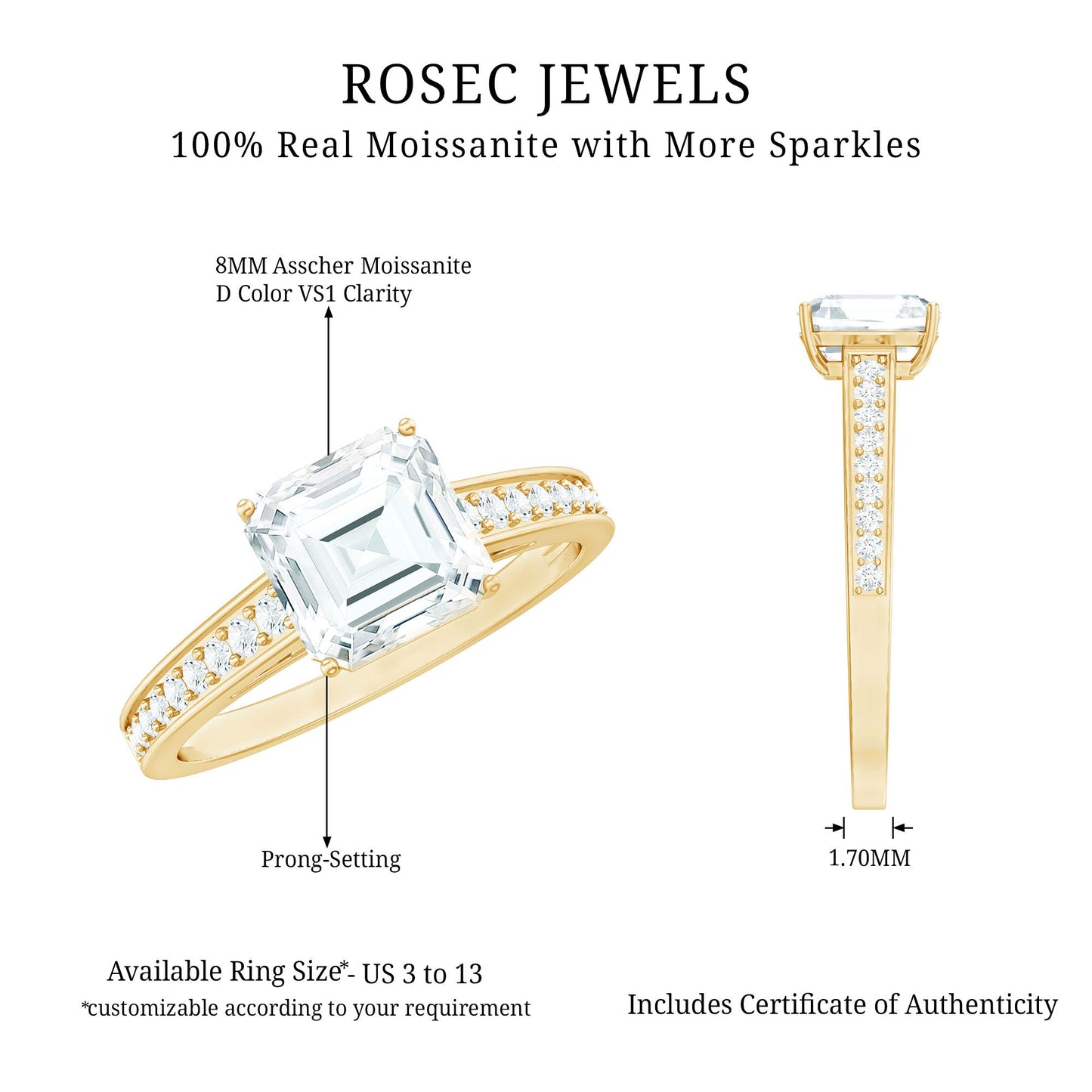 Asscher Cut 8 MM Moissanite Solitaire Engagement Ring with Side Stones