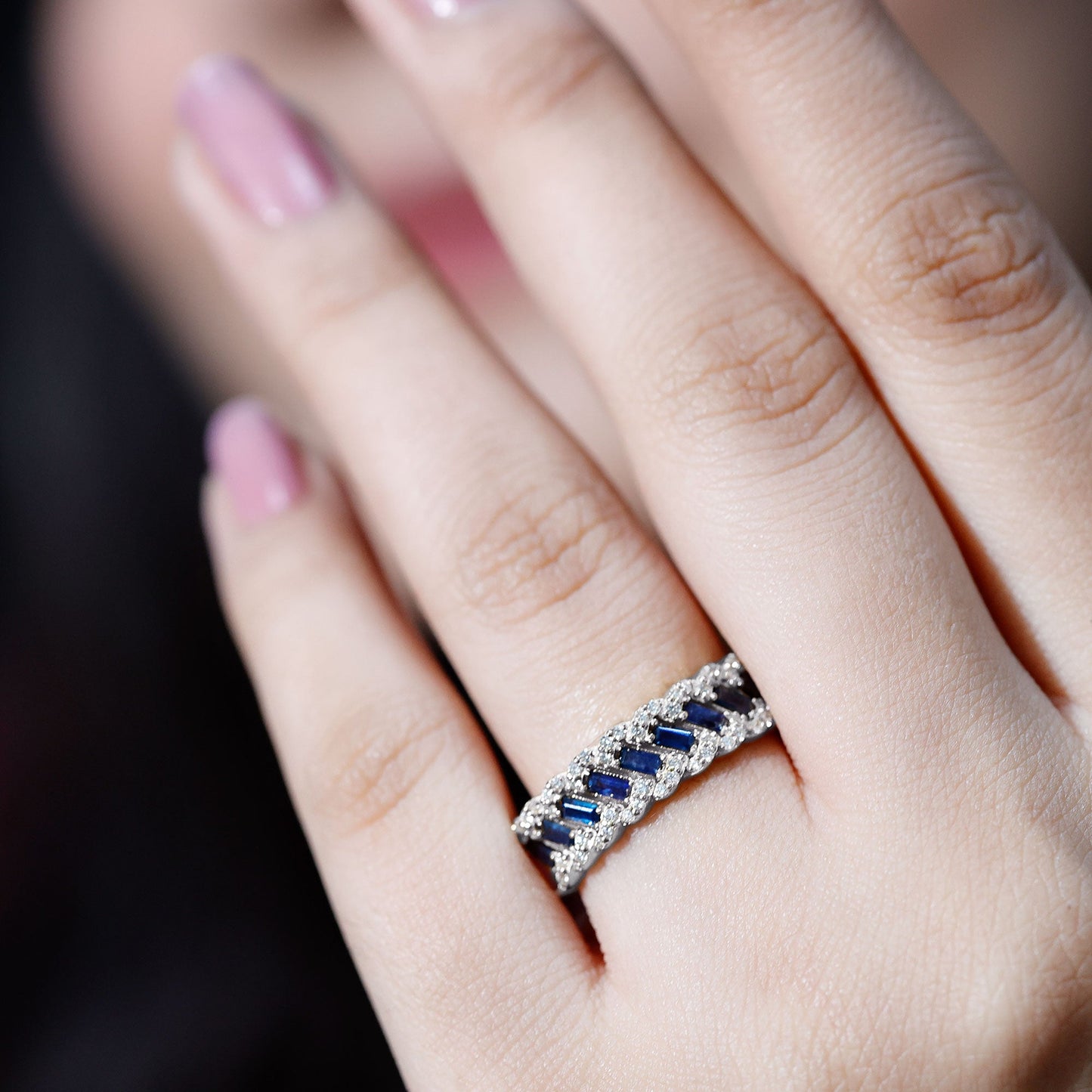 Certified Blue Sapphire Diamond Braided Wedding Ring