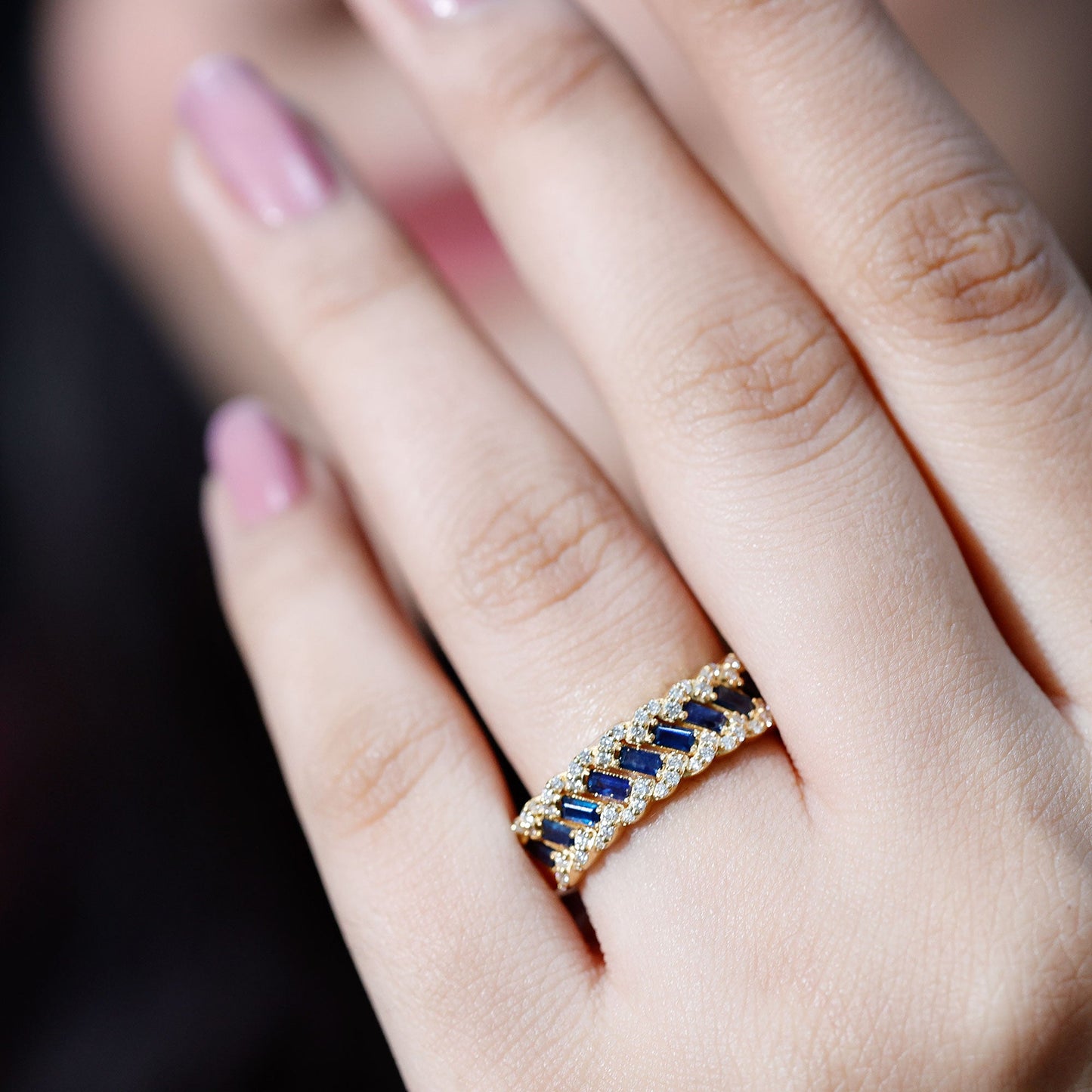 Certified Blue Sapphire Diamond Braided Wedding Ring