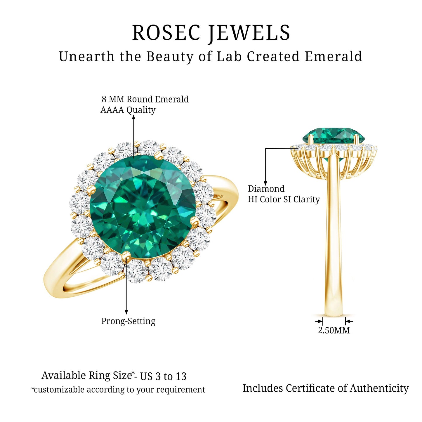 8 mm Lab Grown Emerald Classic Engagement Ring with Diamond Halo