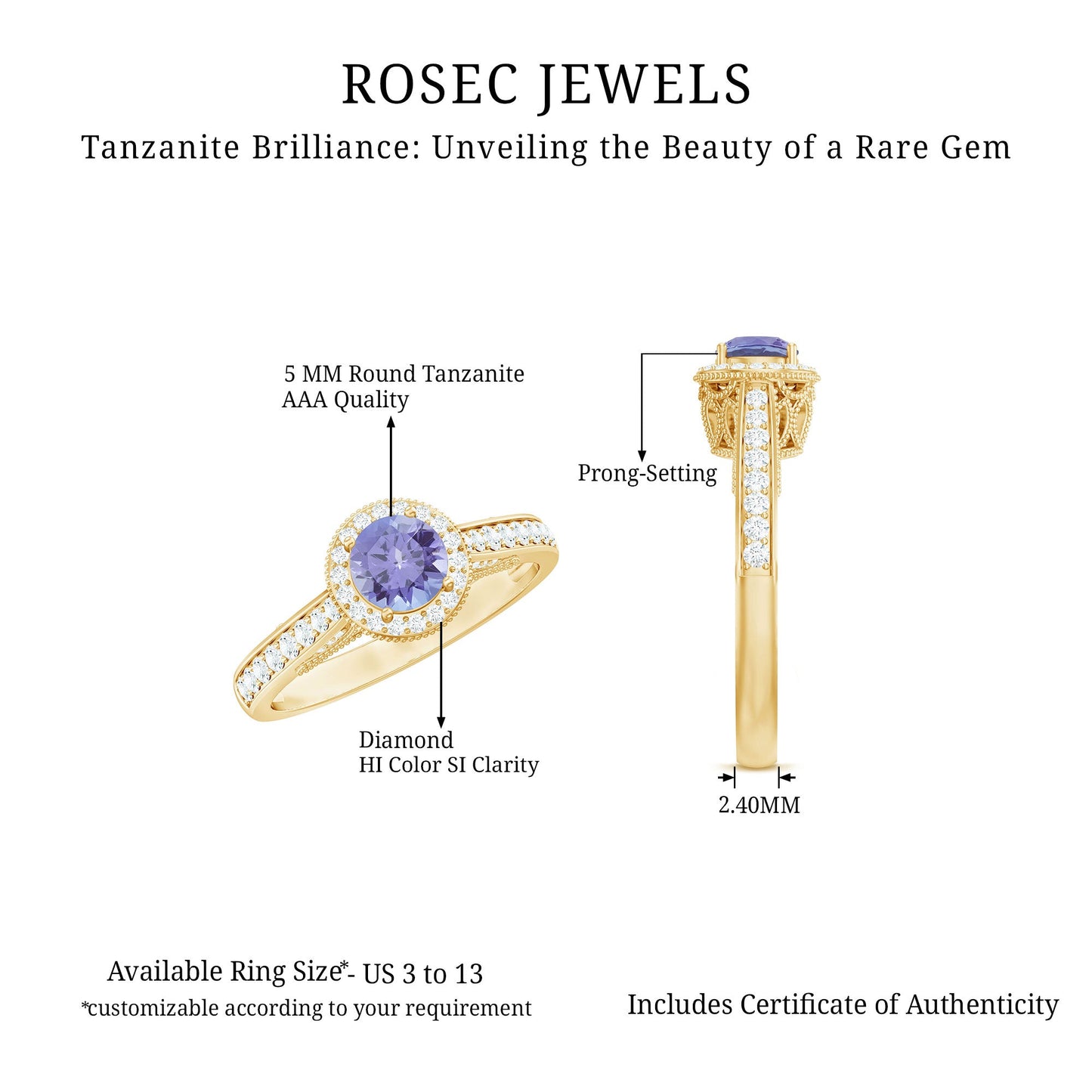 Vintage Style Tanzanite Engagement Ring with Diamond Halo