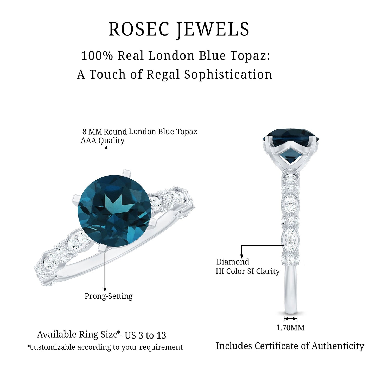 8MM London Blue Topaz Solitaire Engagement Ring with Diamonds