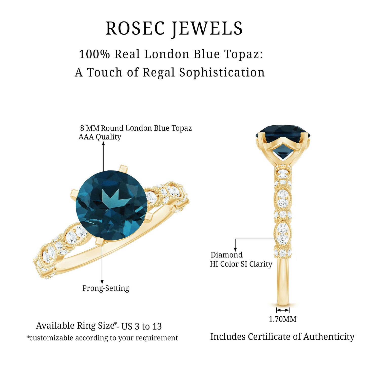 8MM London Blue Topaz Solitaire Engagement Ring with Diamonds