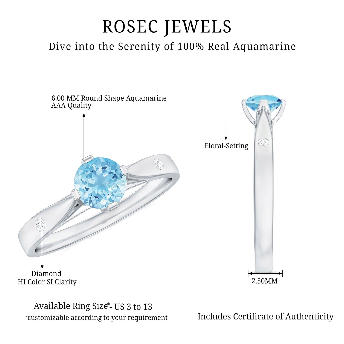 6 MM Certified Aquamarine Solitaire Promise Ring with Diamond