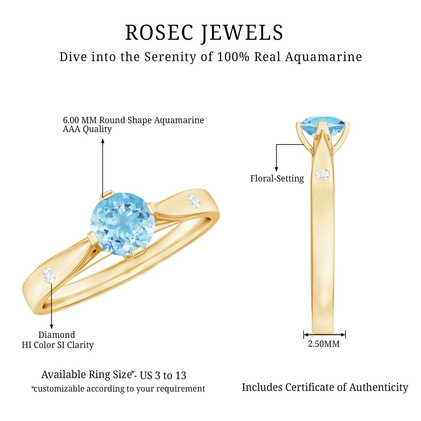 6 MM Certified Aquamarine Solitaire Promise Ring with Diamond