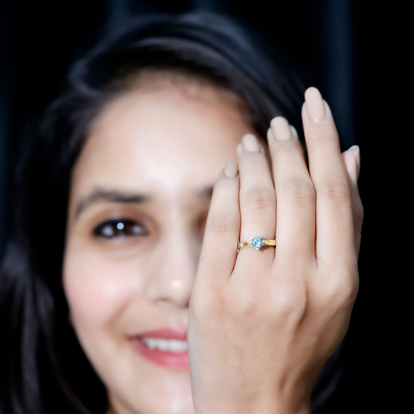 6 MM Certified Aquamarine Solitaire Promise Ring with Diamond