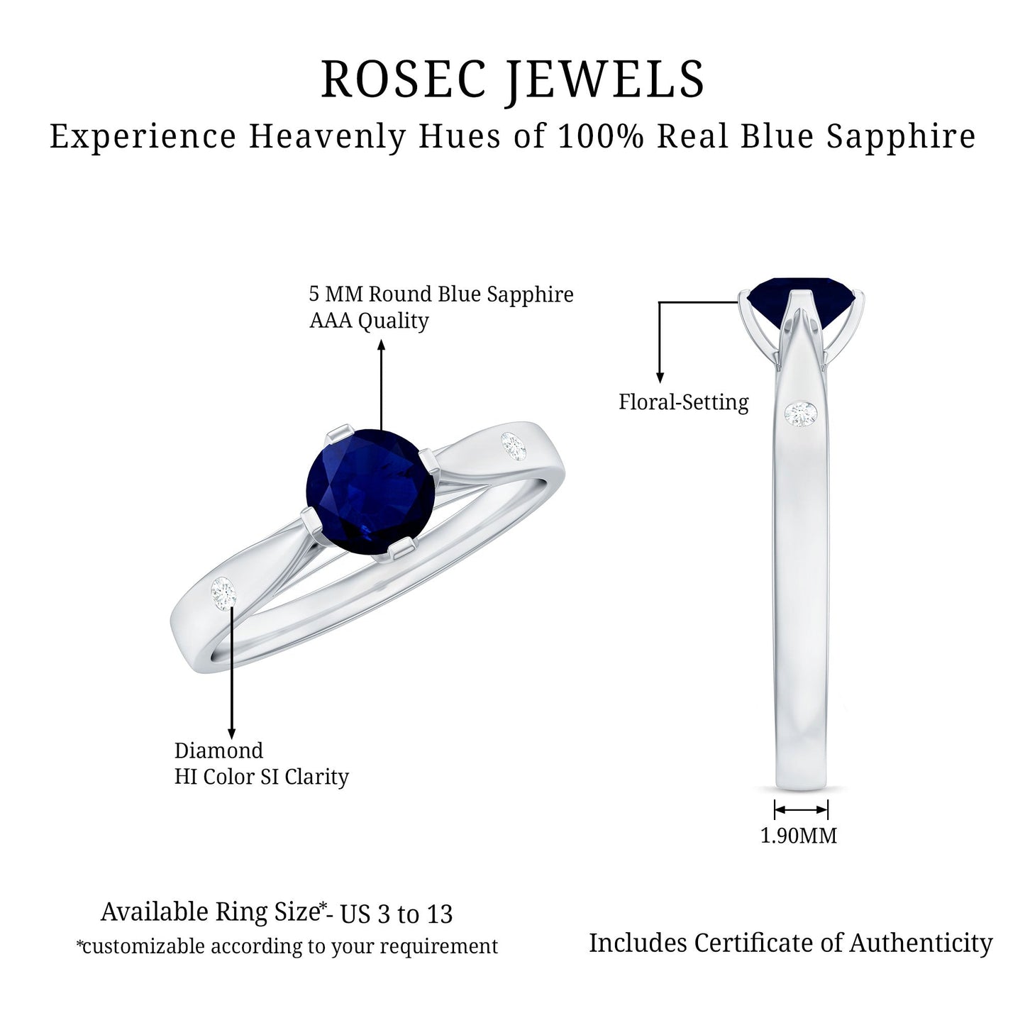 Round Solitaire Blue Sapphire Promise Ring with Diamond