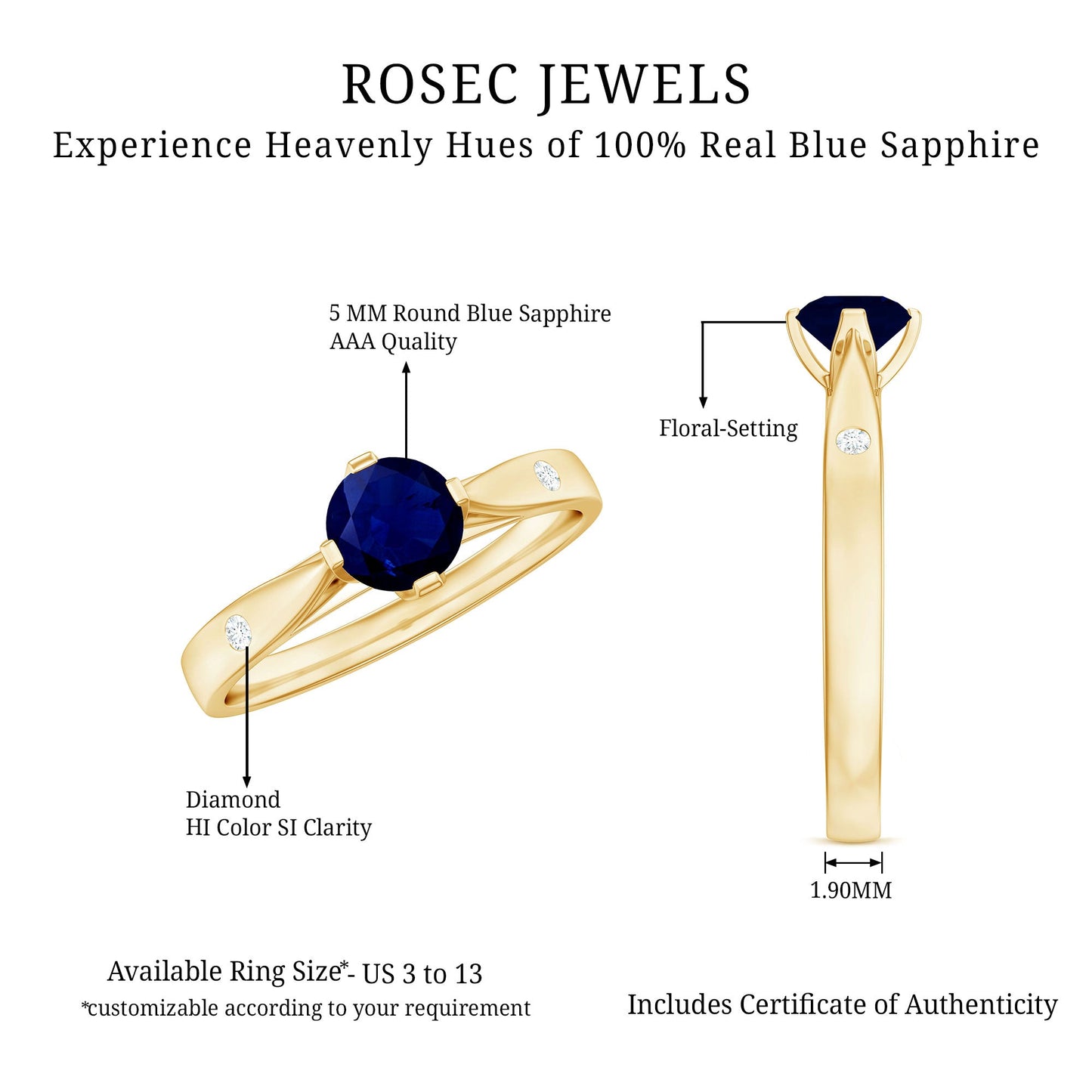 Round Solitaire Blue Sapphire Promise Ring with Diamond