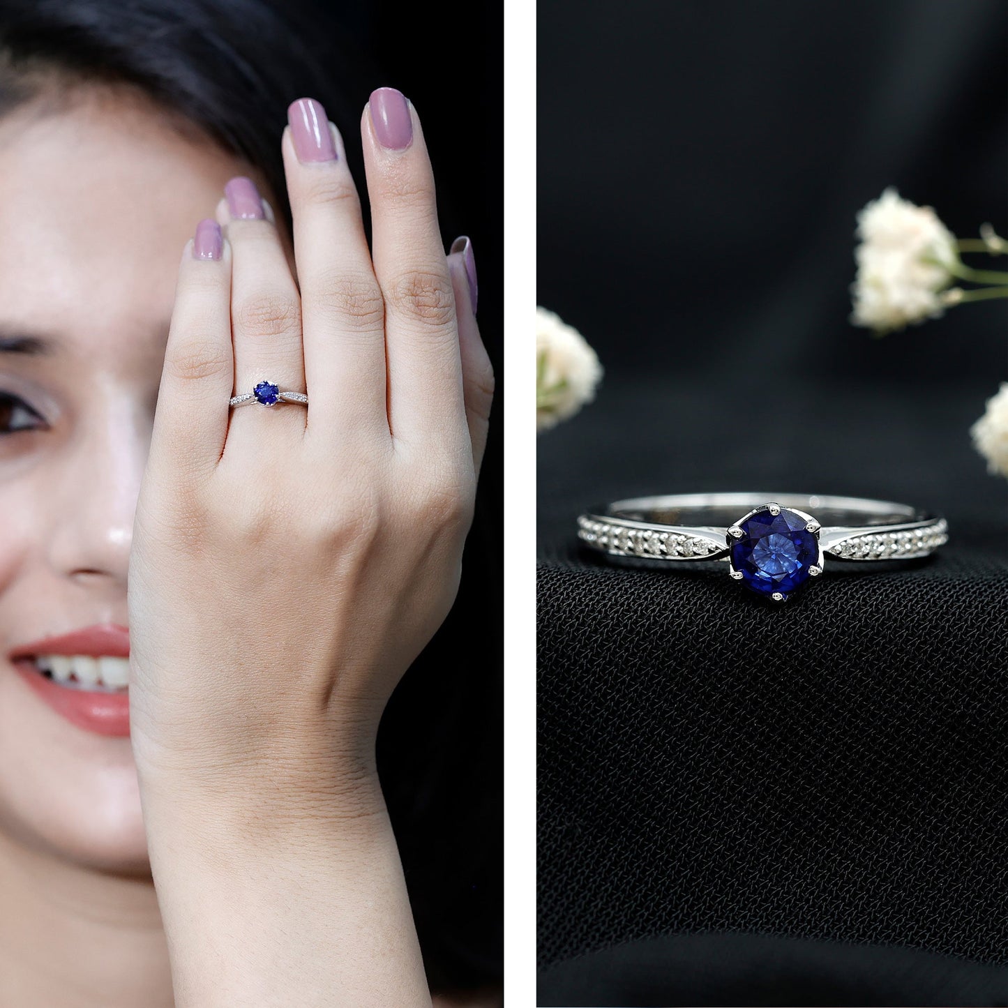 Real Blue Sapphire Solitaire Engagement Ring with Diamond