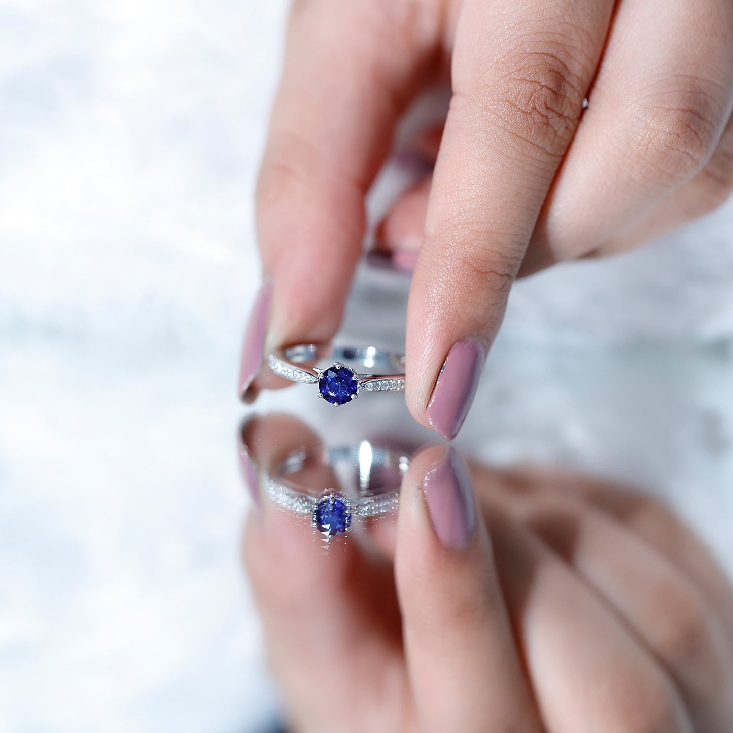 Real Blue Sapphire Solitaire Engagement Ring with Diamond