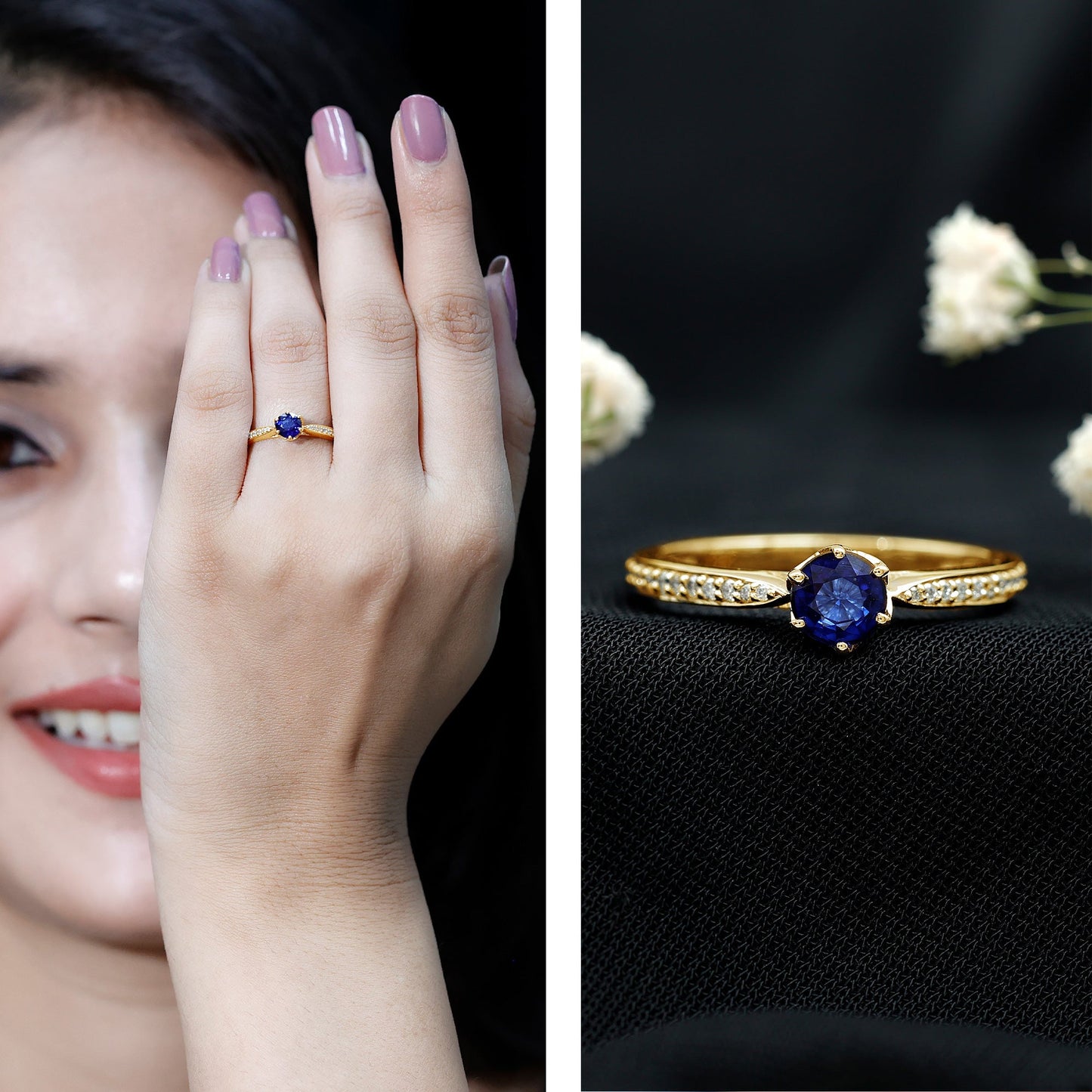 Real Blue Sapphire Solitaire Engagement Ring with Diamond
