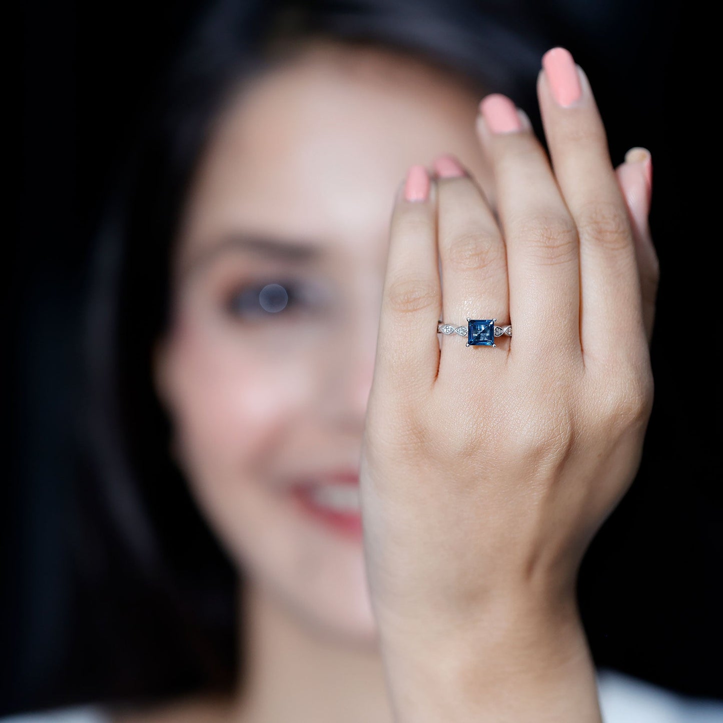 6mm Princess Cut London Blue Topaz Solitaire Ring with Diamond