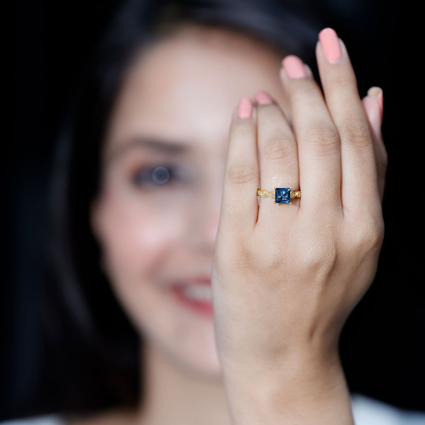 6mm Princess Cut London Blue Topaz Solitaire Ring with Diamond