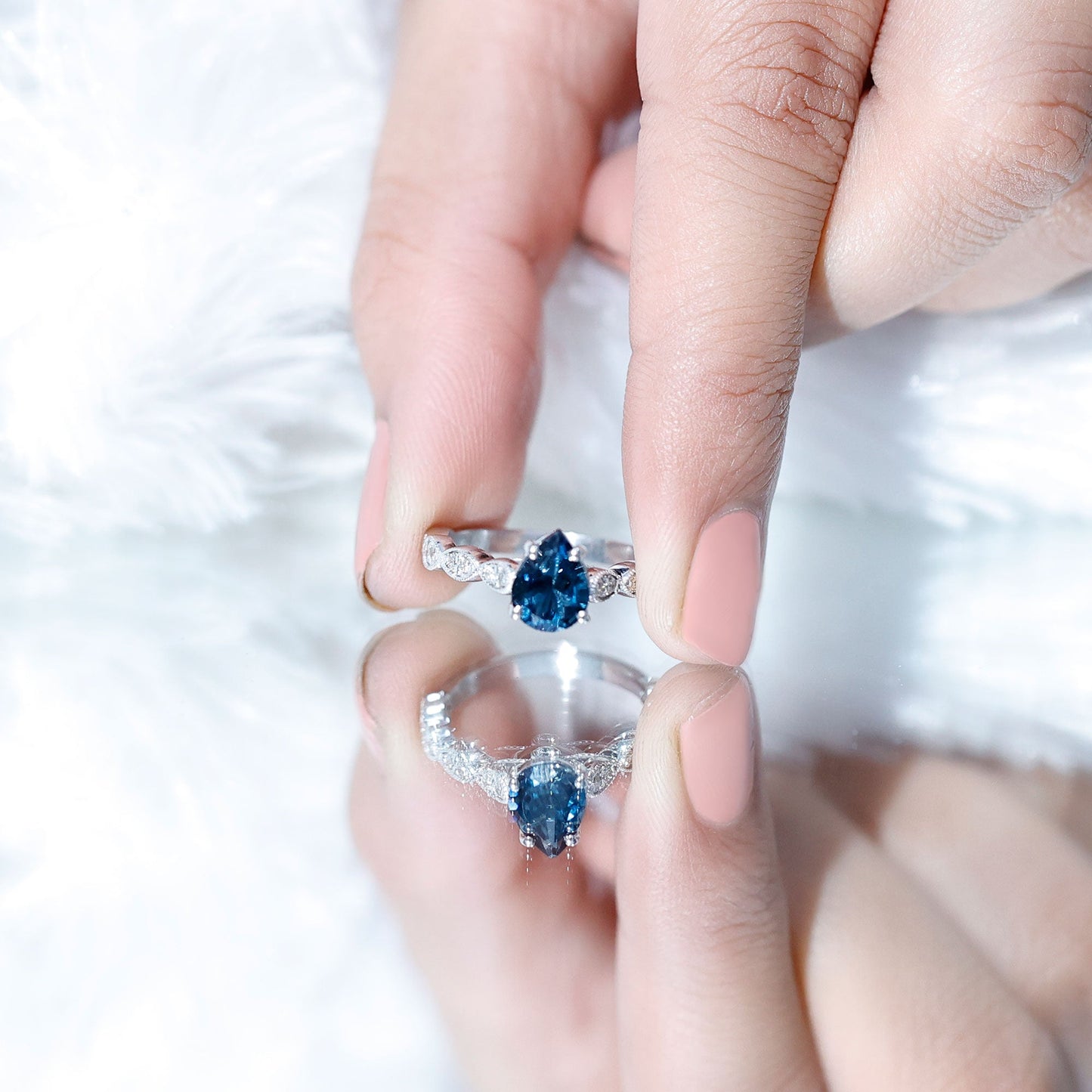 6X8mm Pear Shaped London Blue Topaz Teardrop Engagement Ring with Diamond