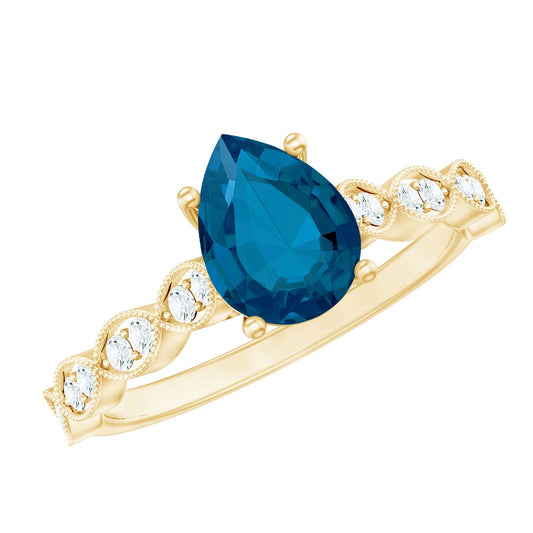 6X8mm Pear Shaped London Blue Topaz Teardrop Engagement Ring with Diamond