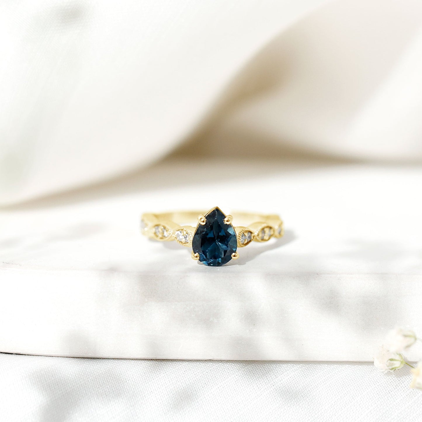 6X8mm Pear Shaped London Blue Topaz Teardrop Engagement Ring with Diamond