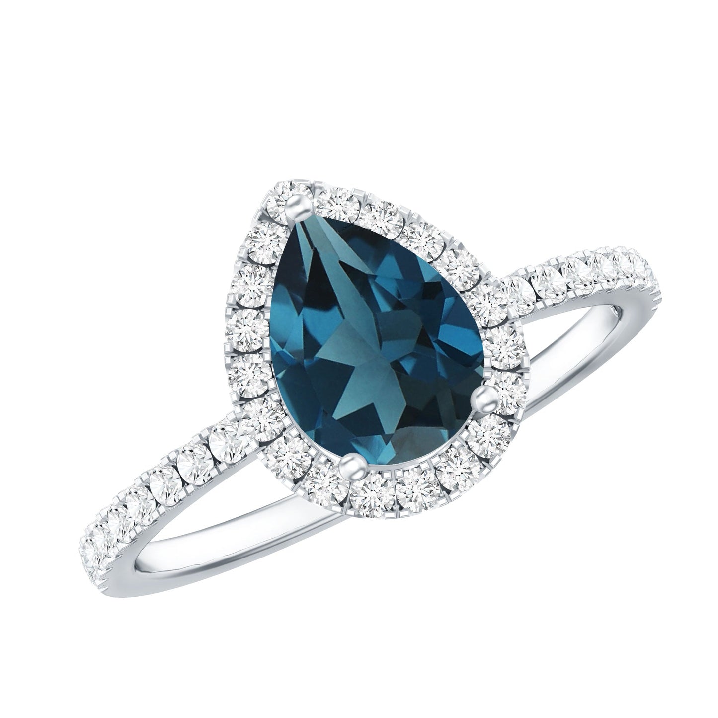 5X7 mm Pear Shape London Blue Topaz Teardrop Engagement Ring with Diamond Halo