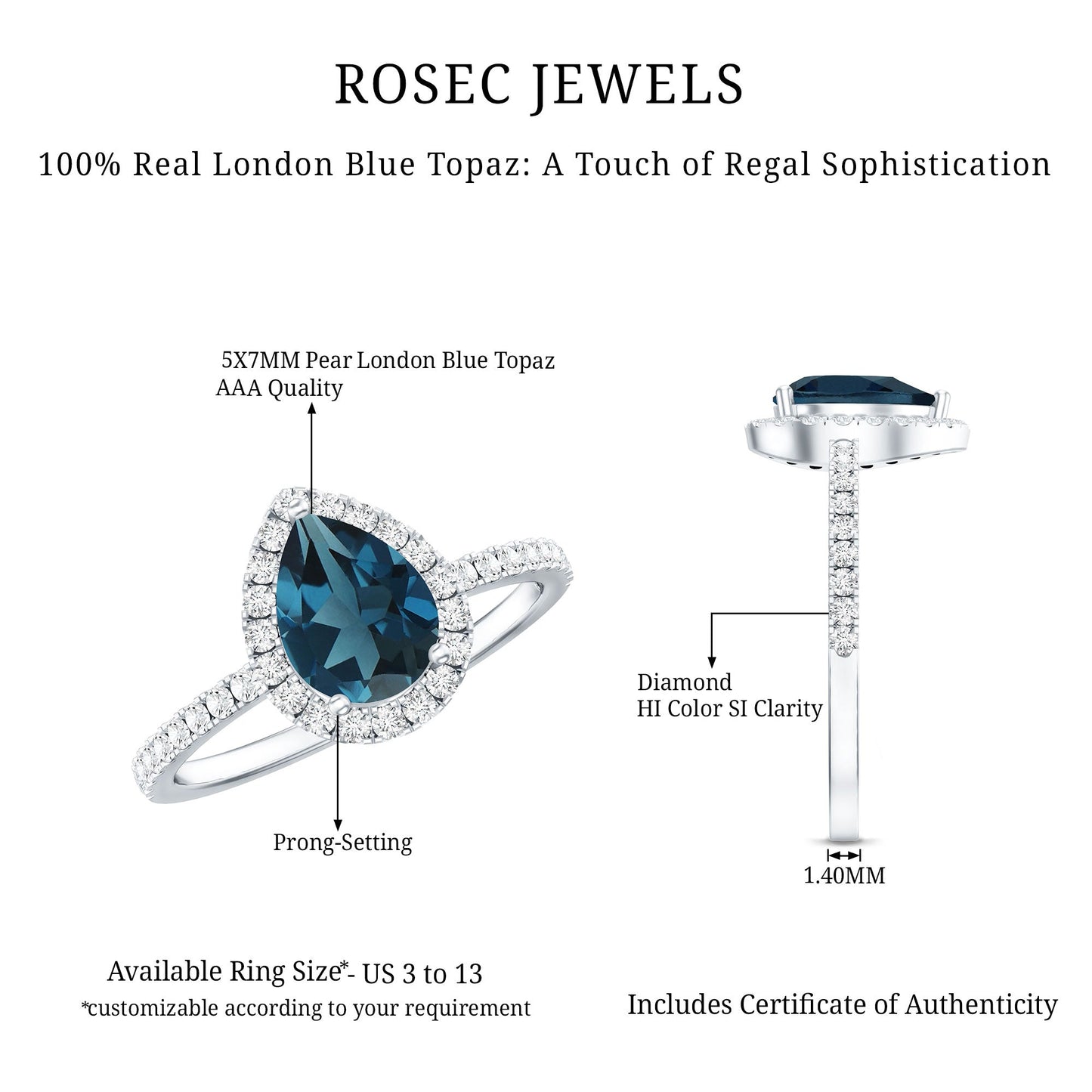 5X7 mm Pear Shape London Blue Topaz Teardrop Engagement Ring with Diamond Halo